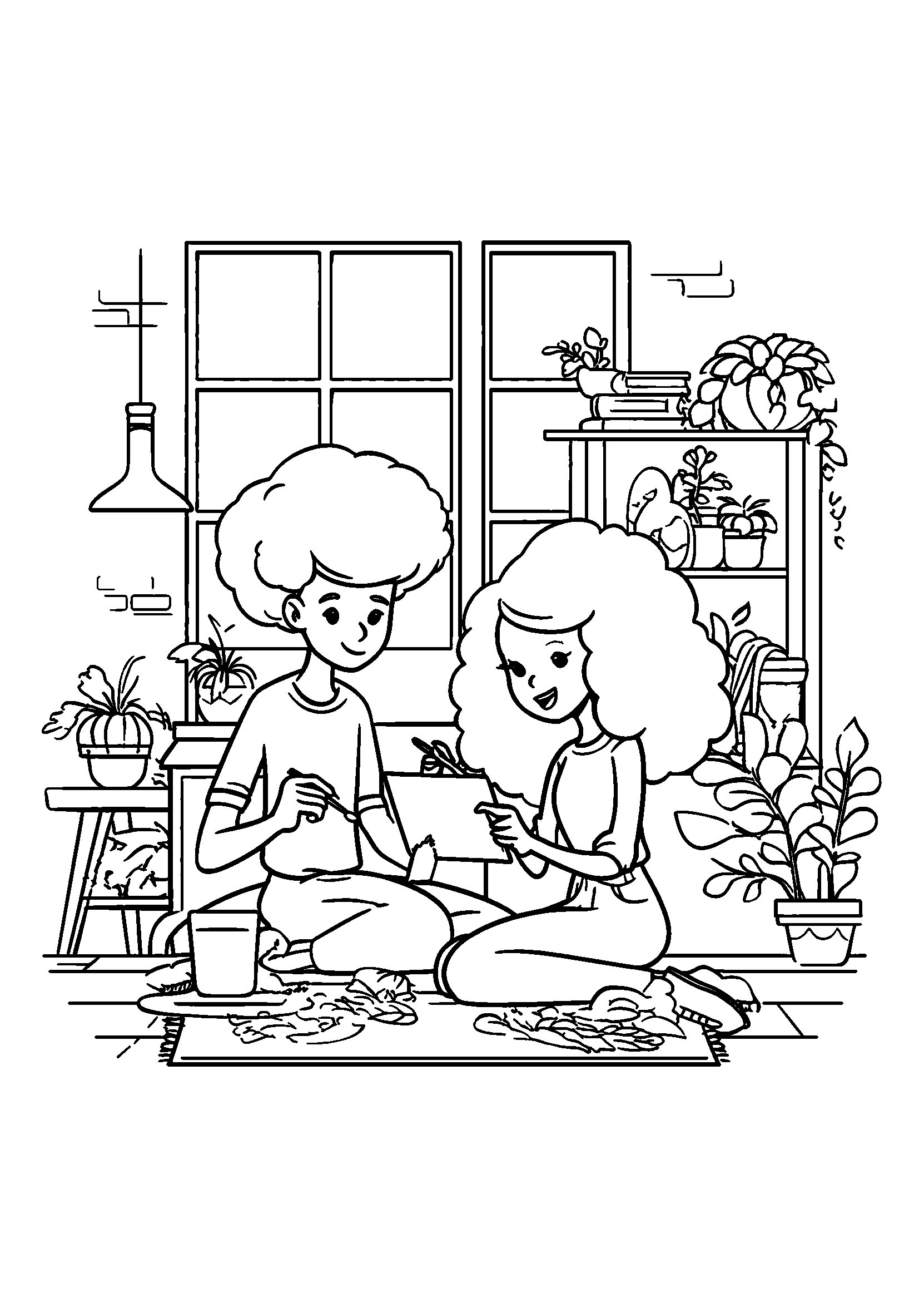 Friends Painting Thanksgiving Cards in a Sunlit Room coloring page