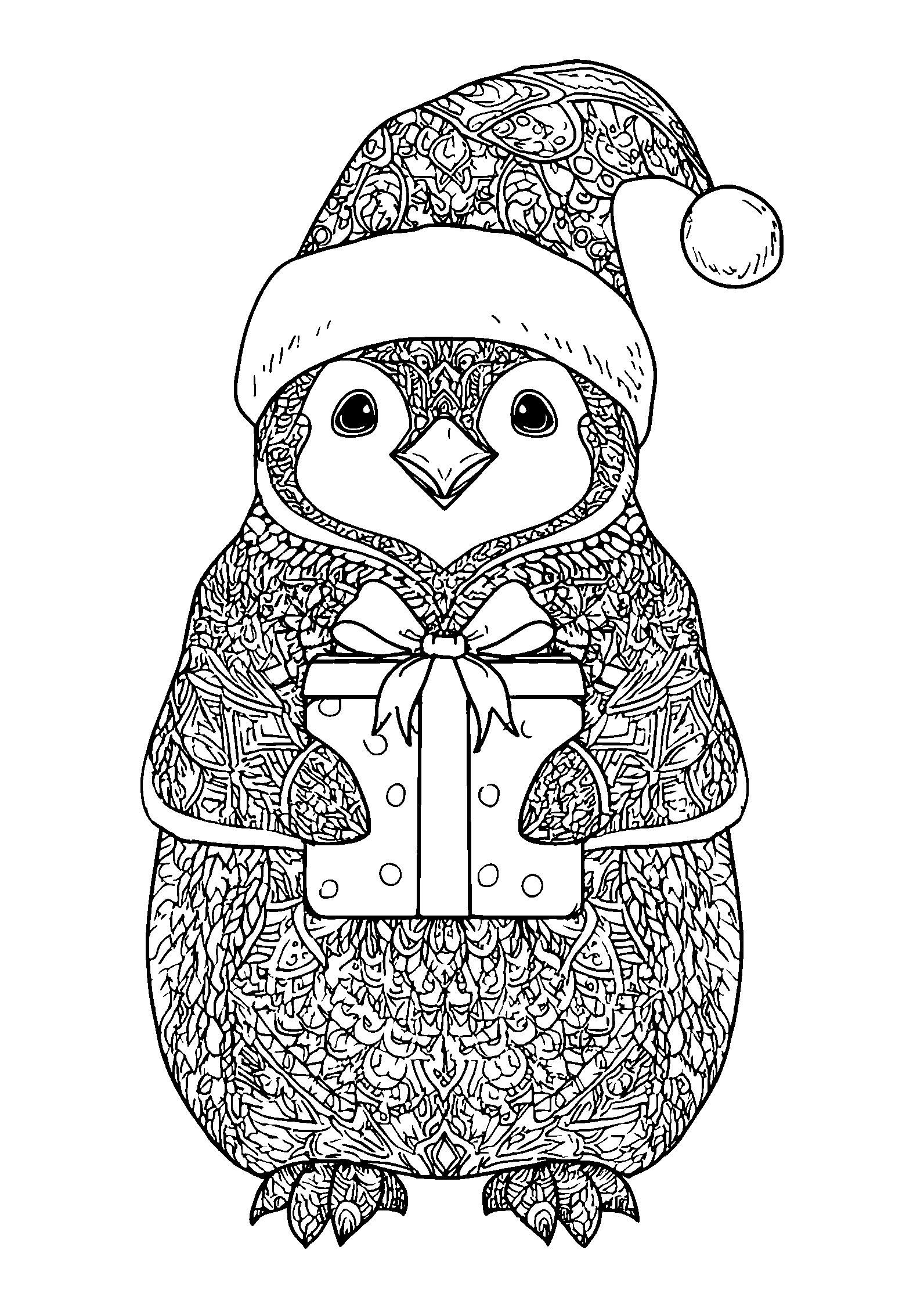 Penguin Wearing a Santa Hat Holding a Gift coloring page