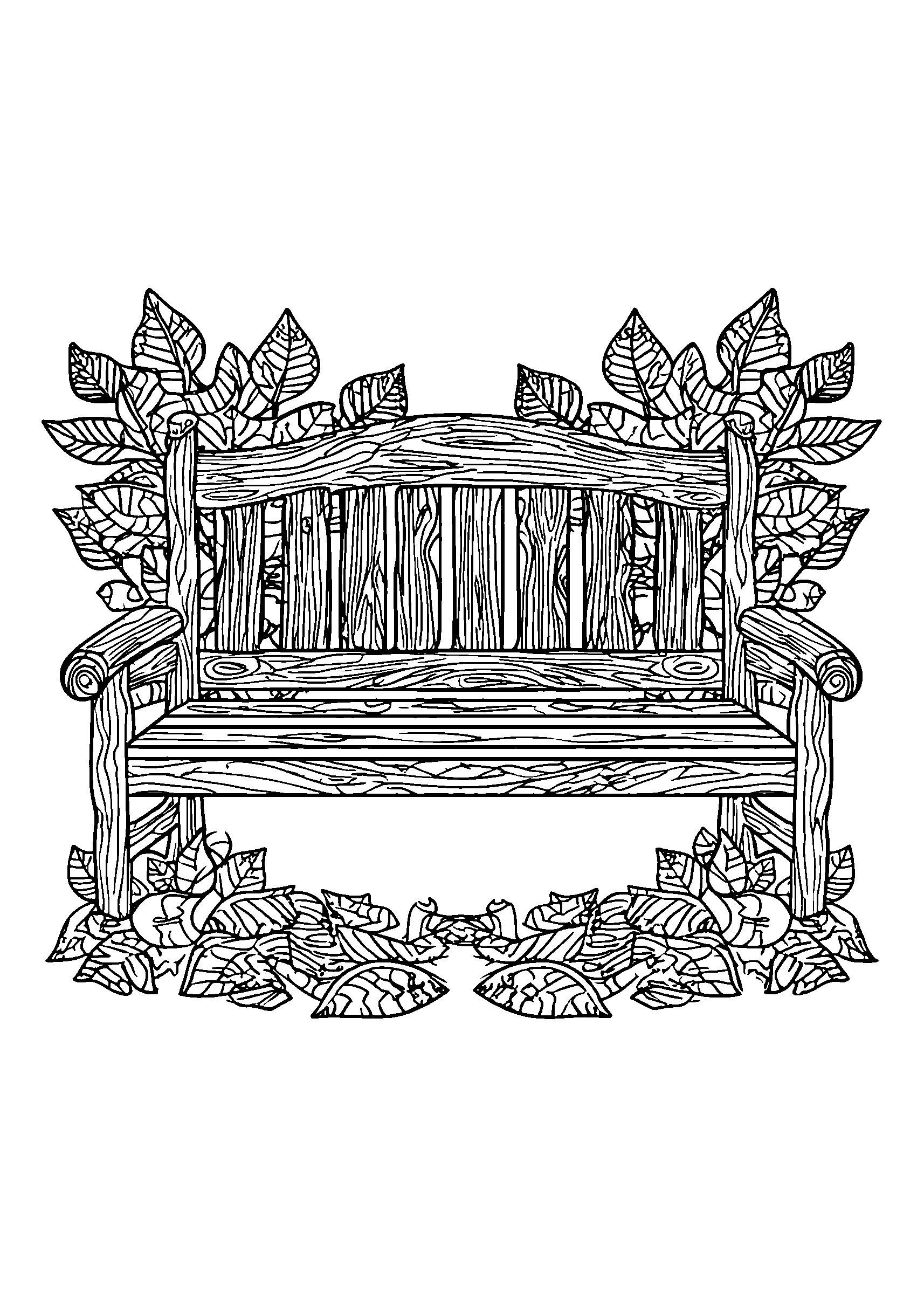 Rustic Wooden Bench in a Leaf-strewn Garden coloring page