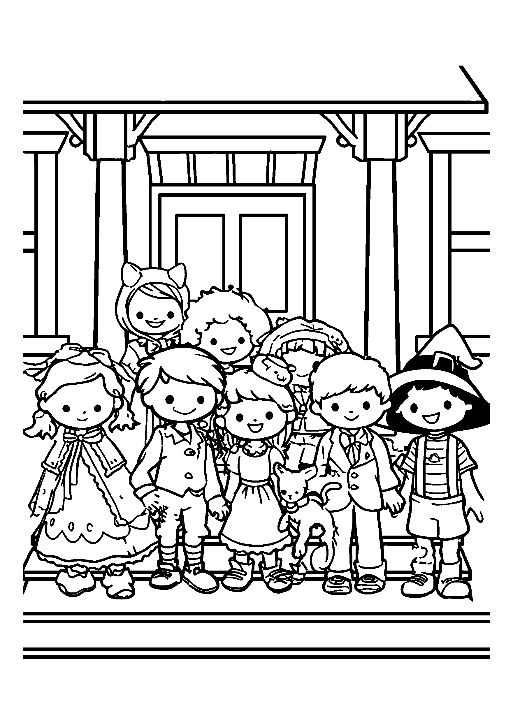 Group of Children Dressed in Costumes on a Porch coloring page
