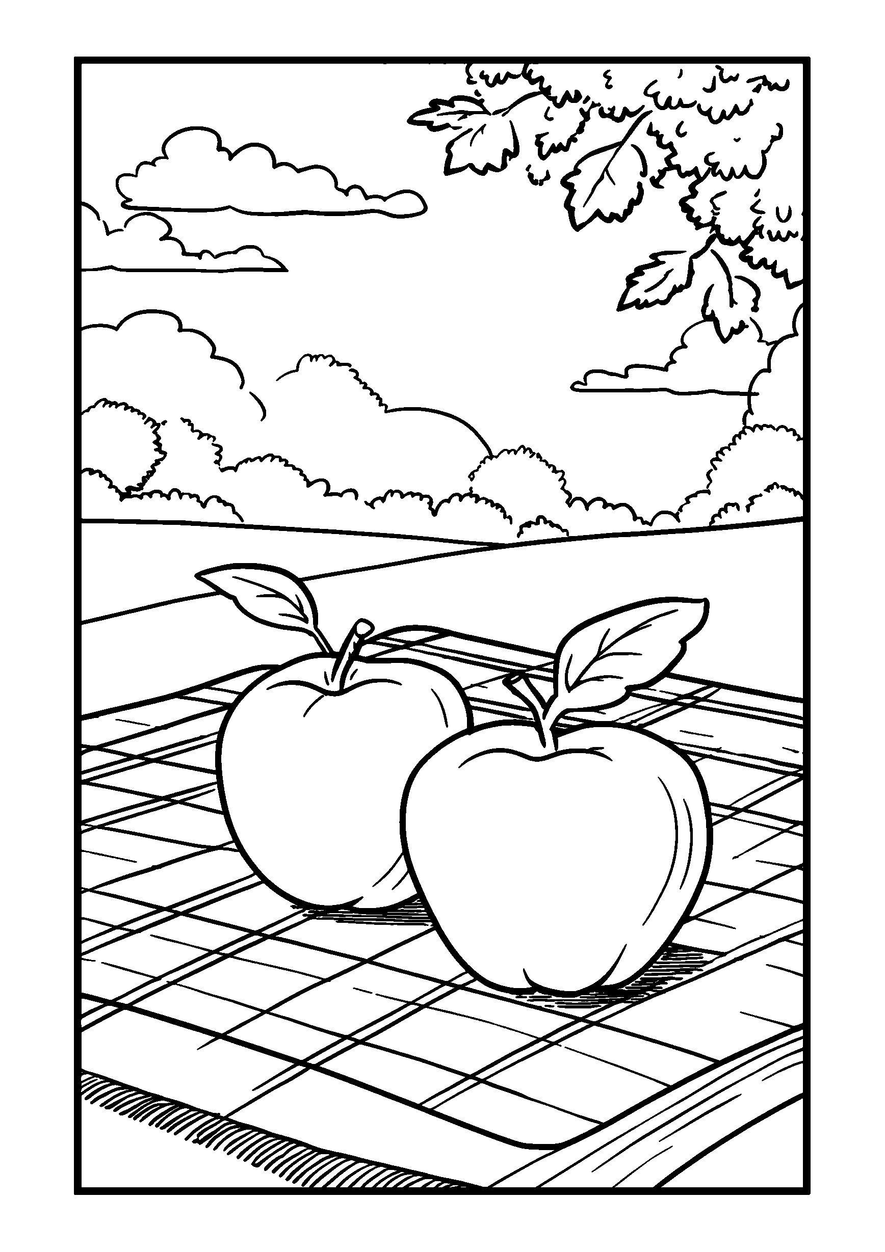 Apples on a Picnic Blanket by the River coloring page