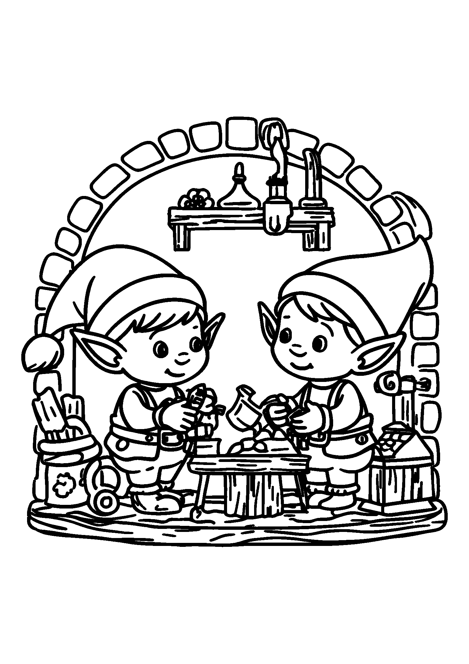 Elves Working in a Toy Workshop with Tools coloring page