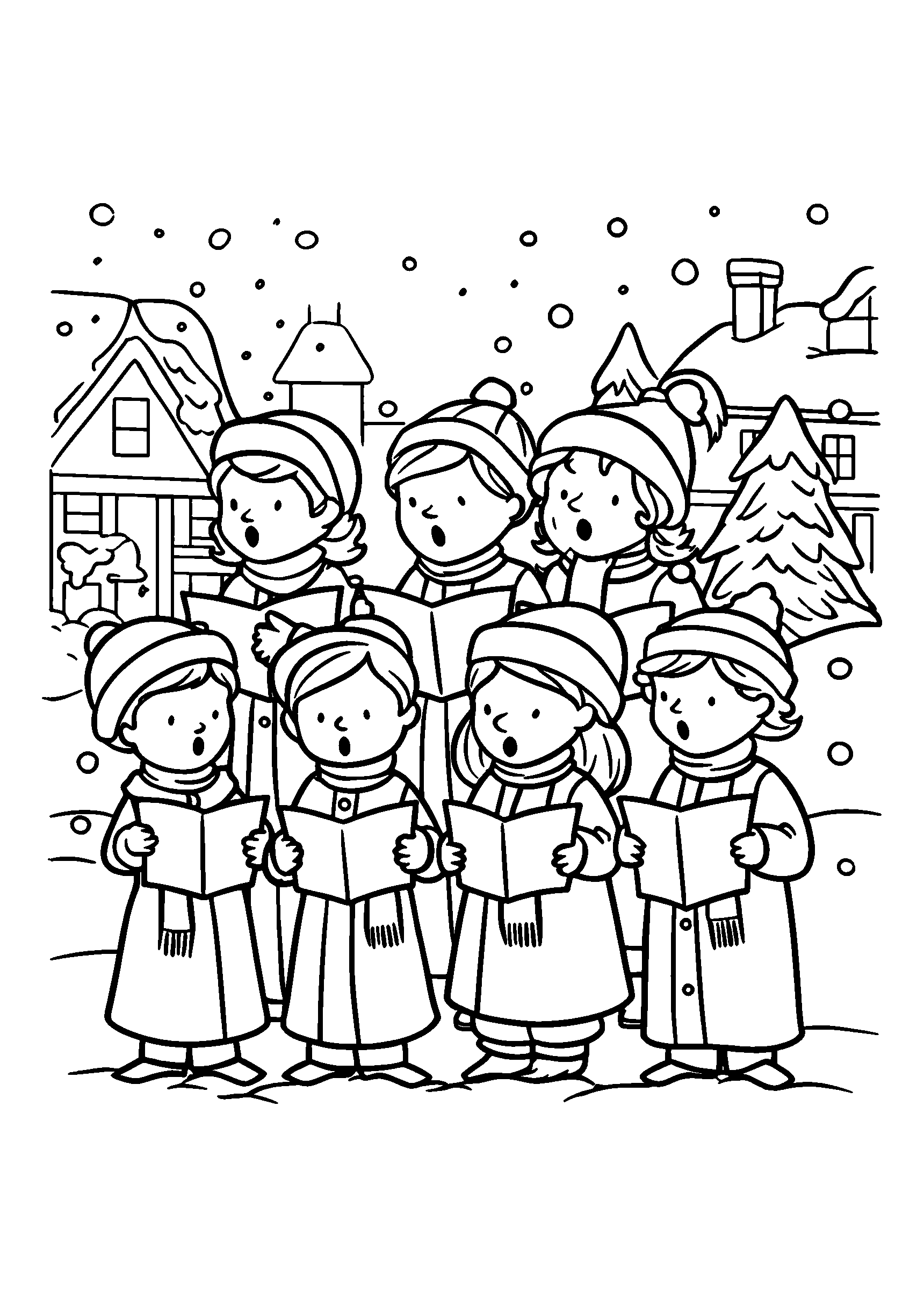 Group of Carolers Singing in the Snowy Street coloring page