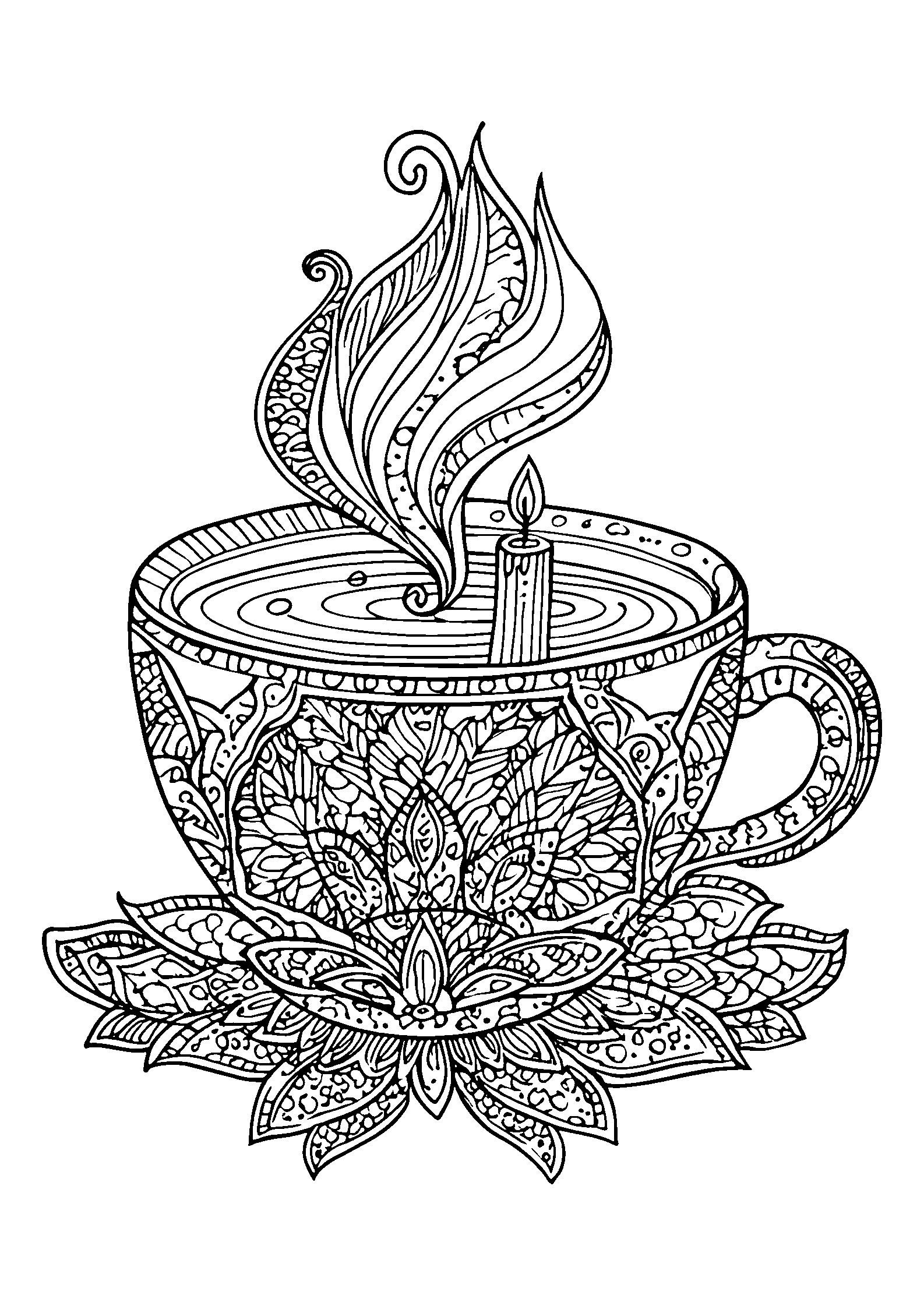 Steaming Cup of Hot Cider beside a Candle coloring page