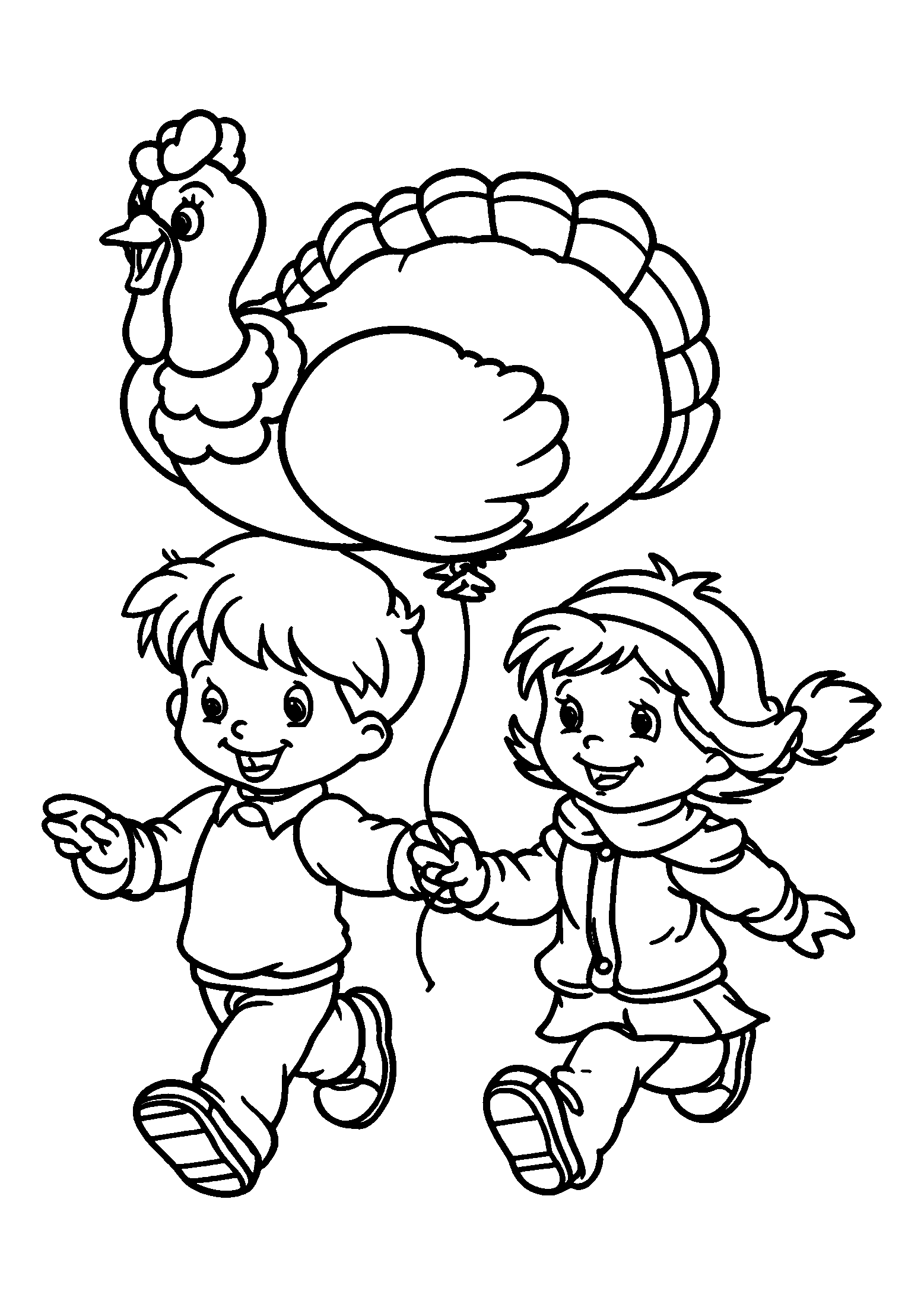 Excited Kids Running with a Large Turkey Balloon coloring page