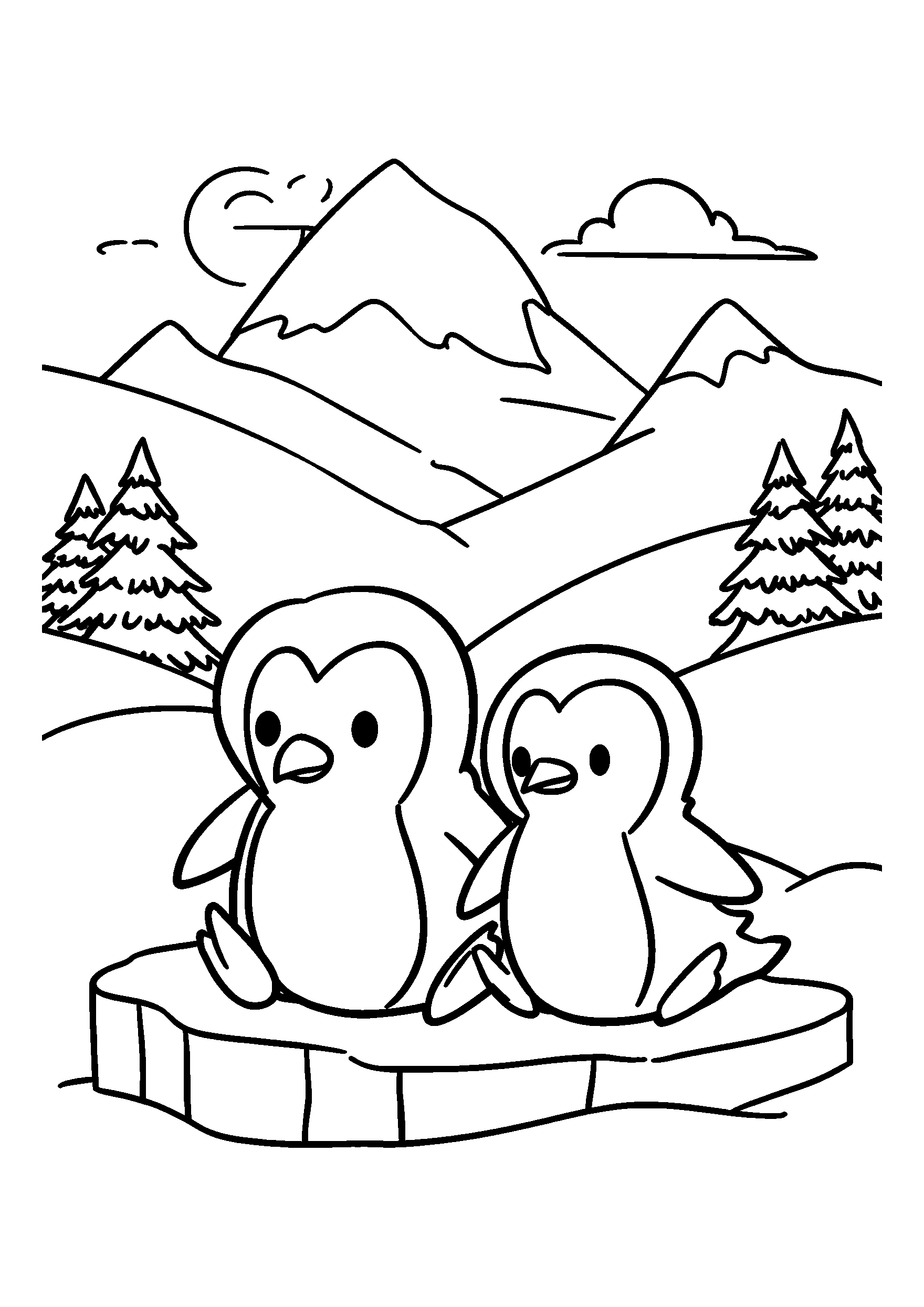 Penguins Sliding on Ice in Arctic Scenery coloring page