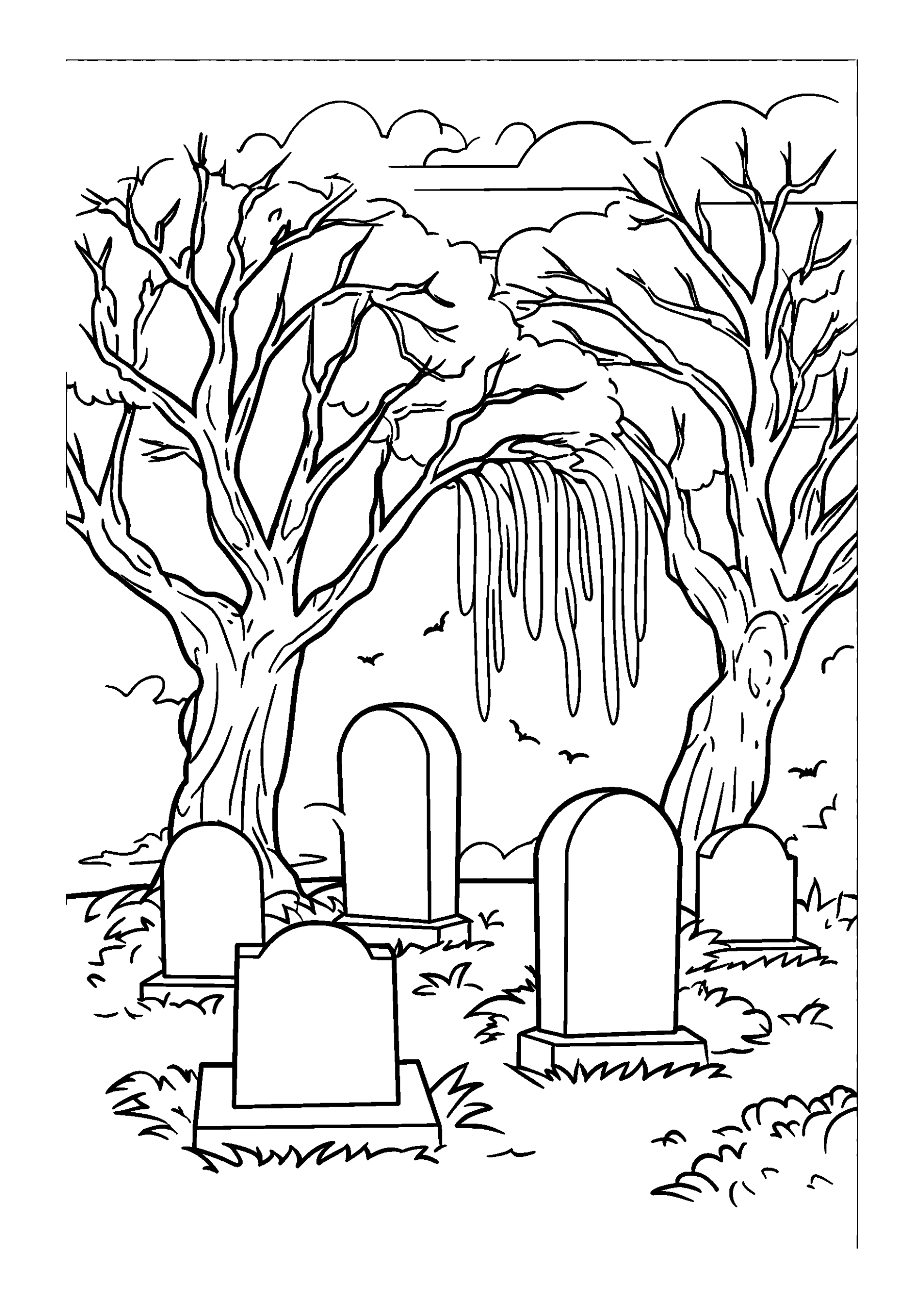 Graveyard Scene with Tombstones and Willow Trees coloring page