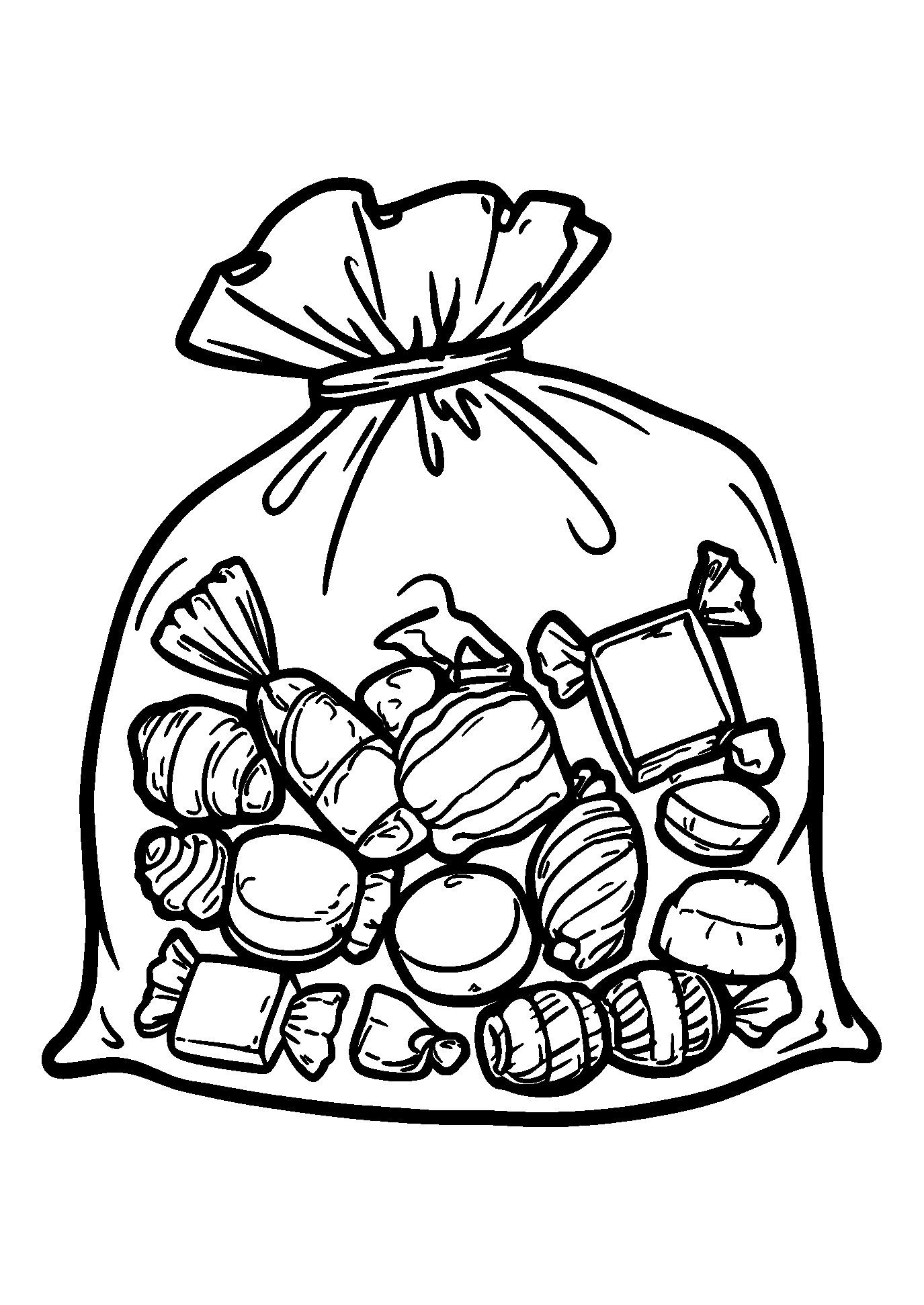 Collection of Assorted Candy in an Open Bag coloring page