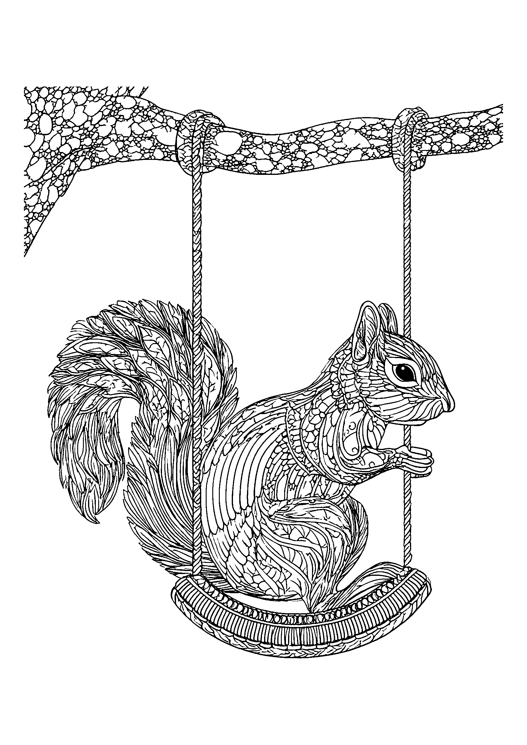 Squirrel Swinging on a Tire Swing from a Tree coloring page