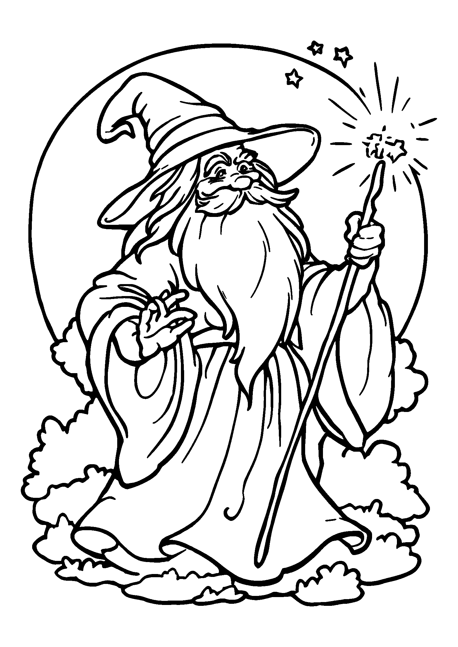 Wizard Casting a Spell in a Moonlit Clearing coloring page