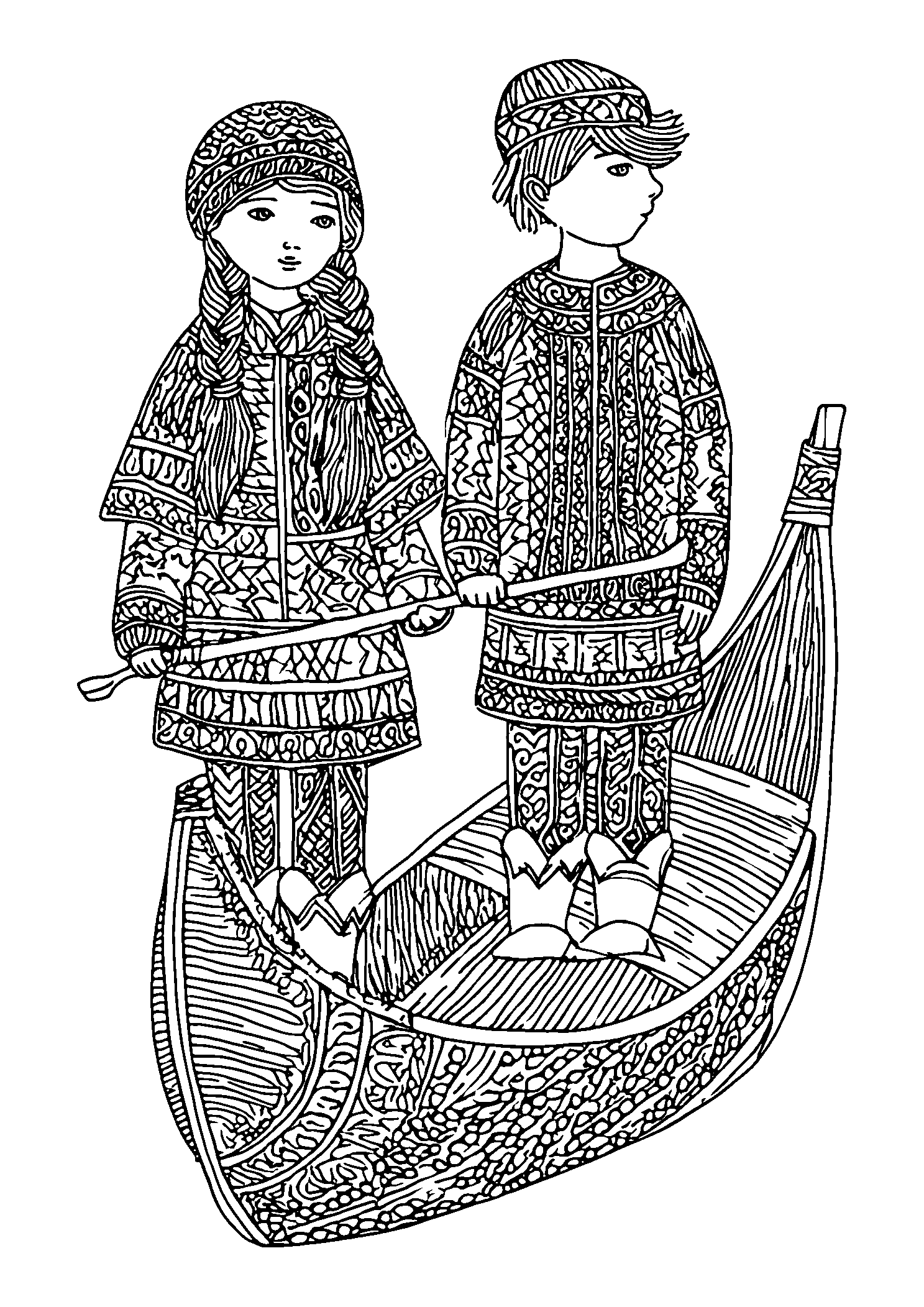 Siblings Dressed As Pilgrims with a Wooden Canoe coloring page