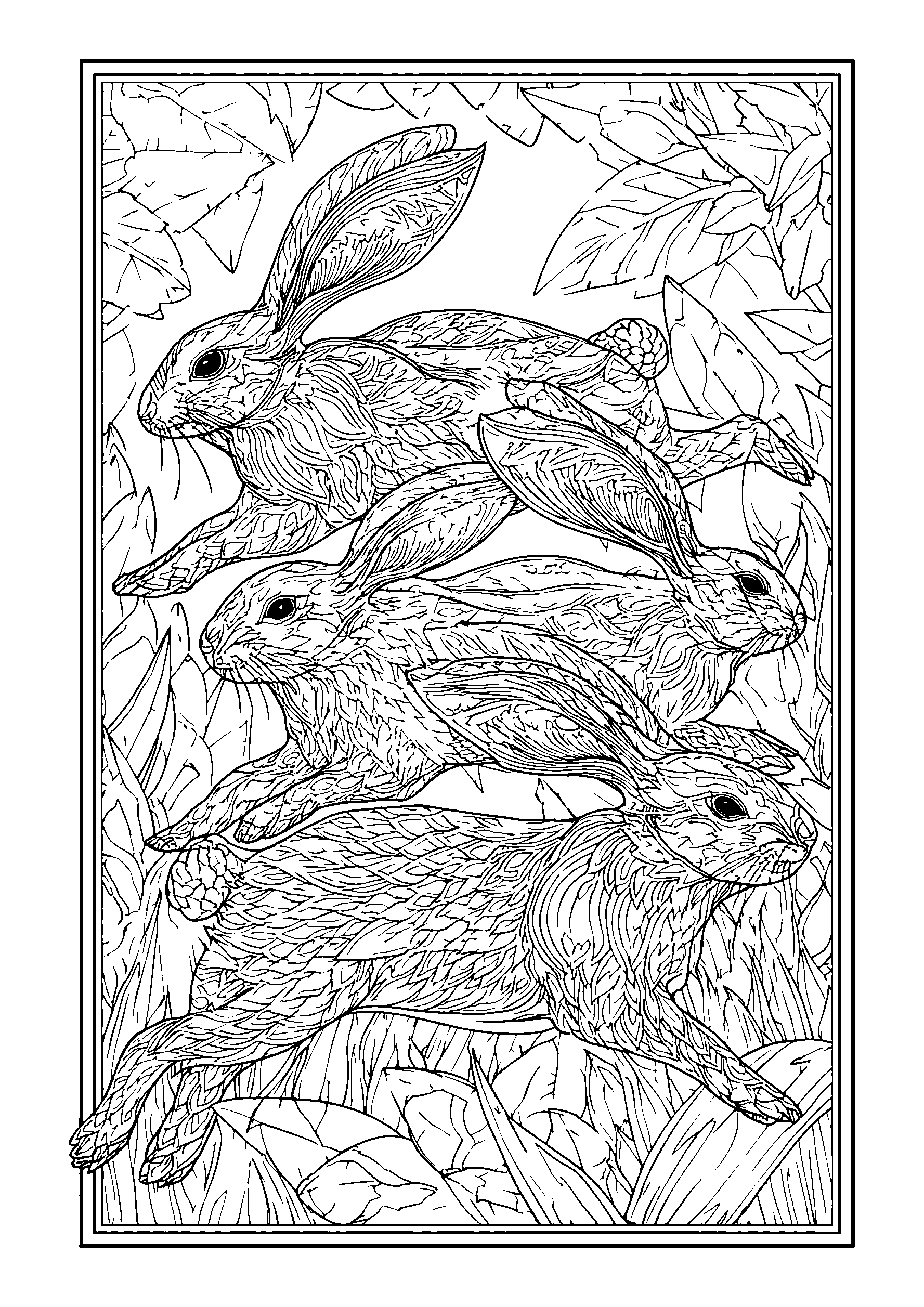 Family of Rabbits Hopping Through a Cornfield coloring page
