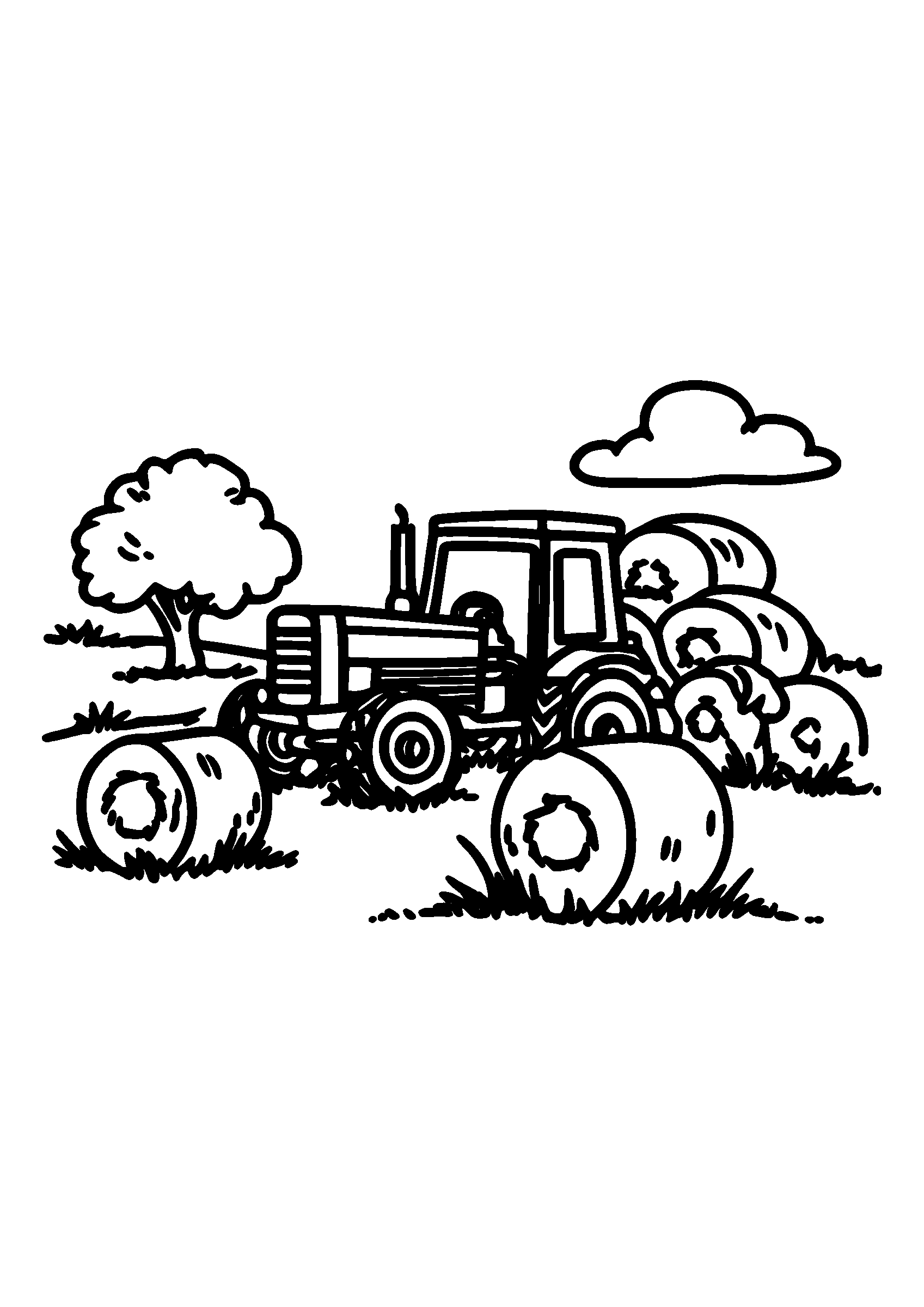 Harvest Scene with a Vintage Tractor and Hay Bales coloring page