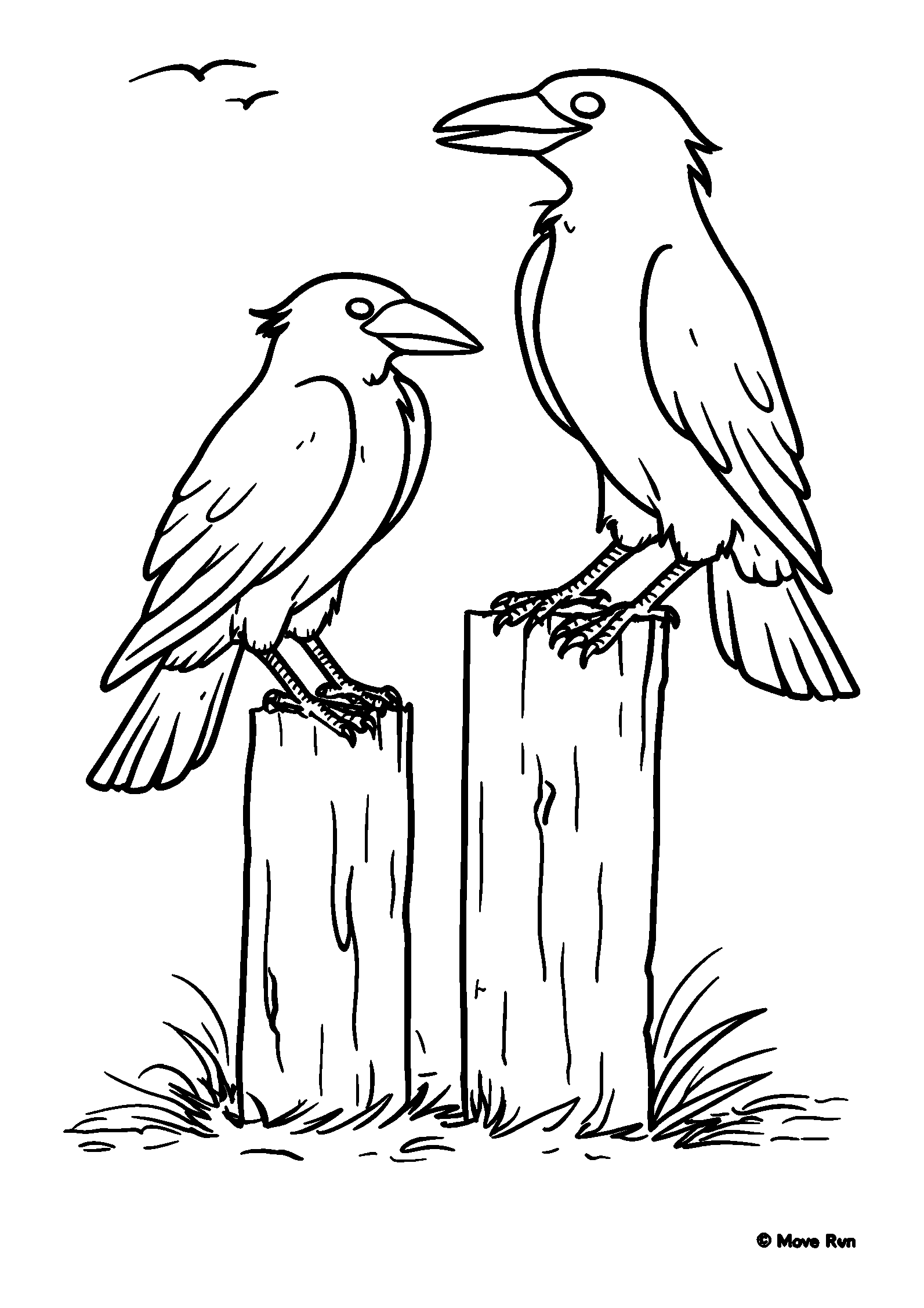 Crows Watching from a Rusty Fence Post coloring page