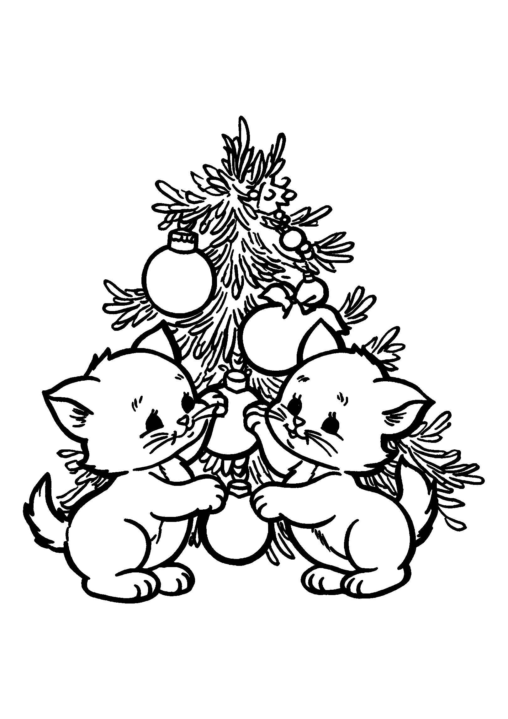 Kittens Playing with Christmas Ornaments on a Tree coloring page