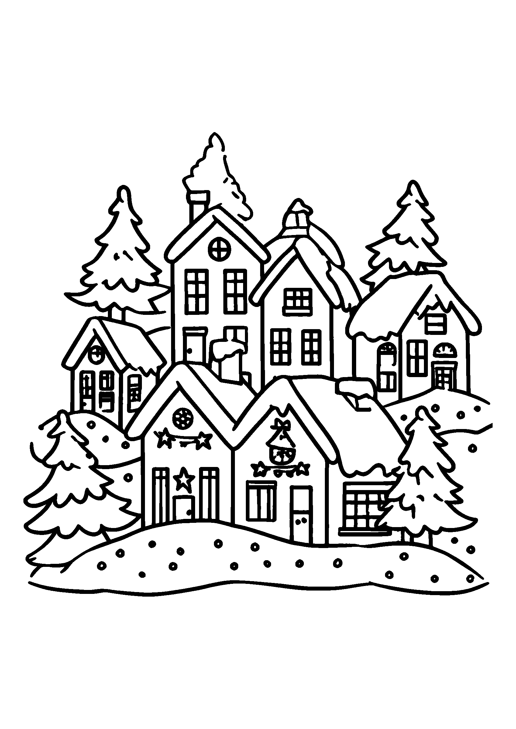 Snowy Village Scene with Houses and Decorations coloring page