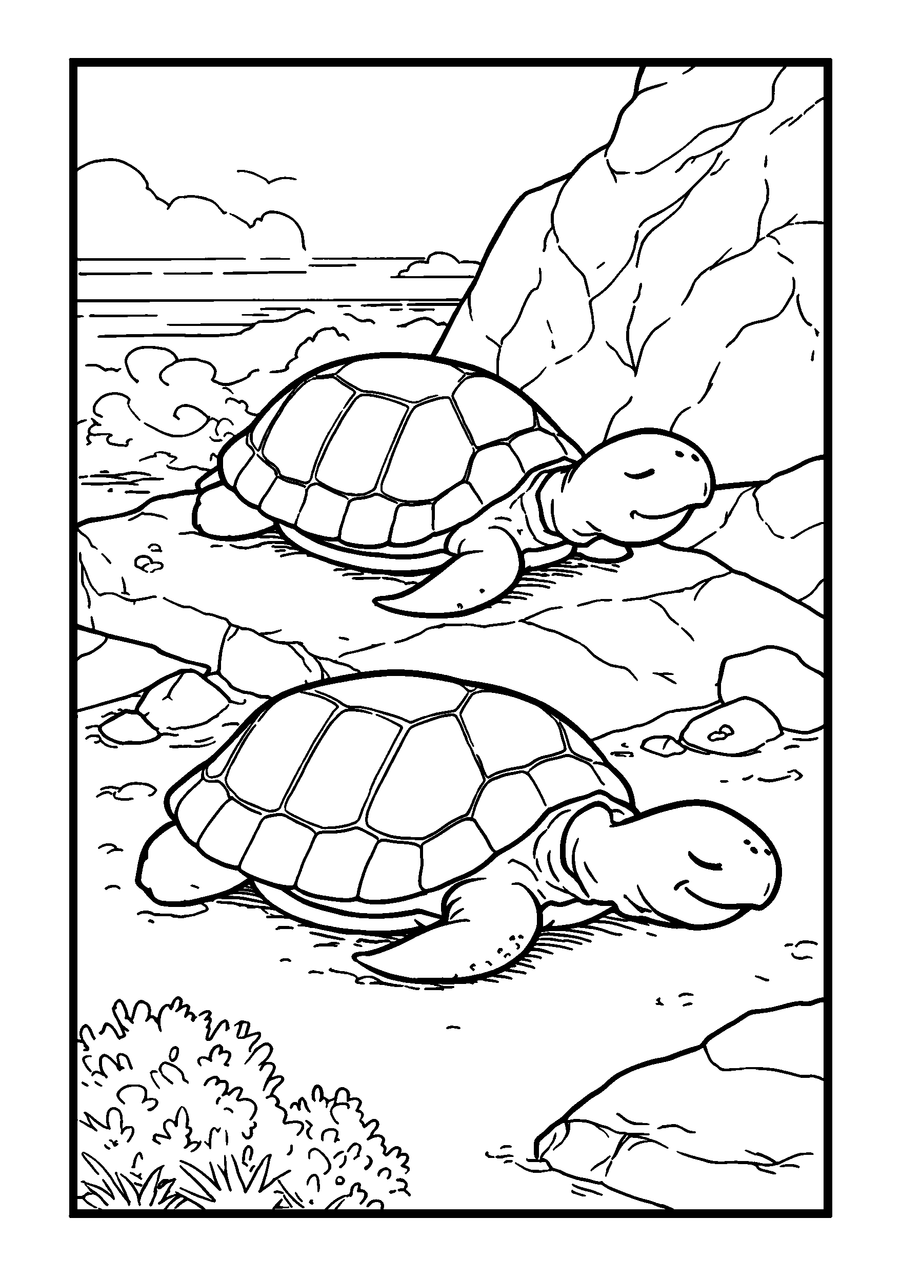 Turtles Sunbathing on a Rocky Shore coloring page