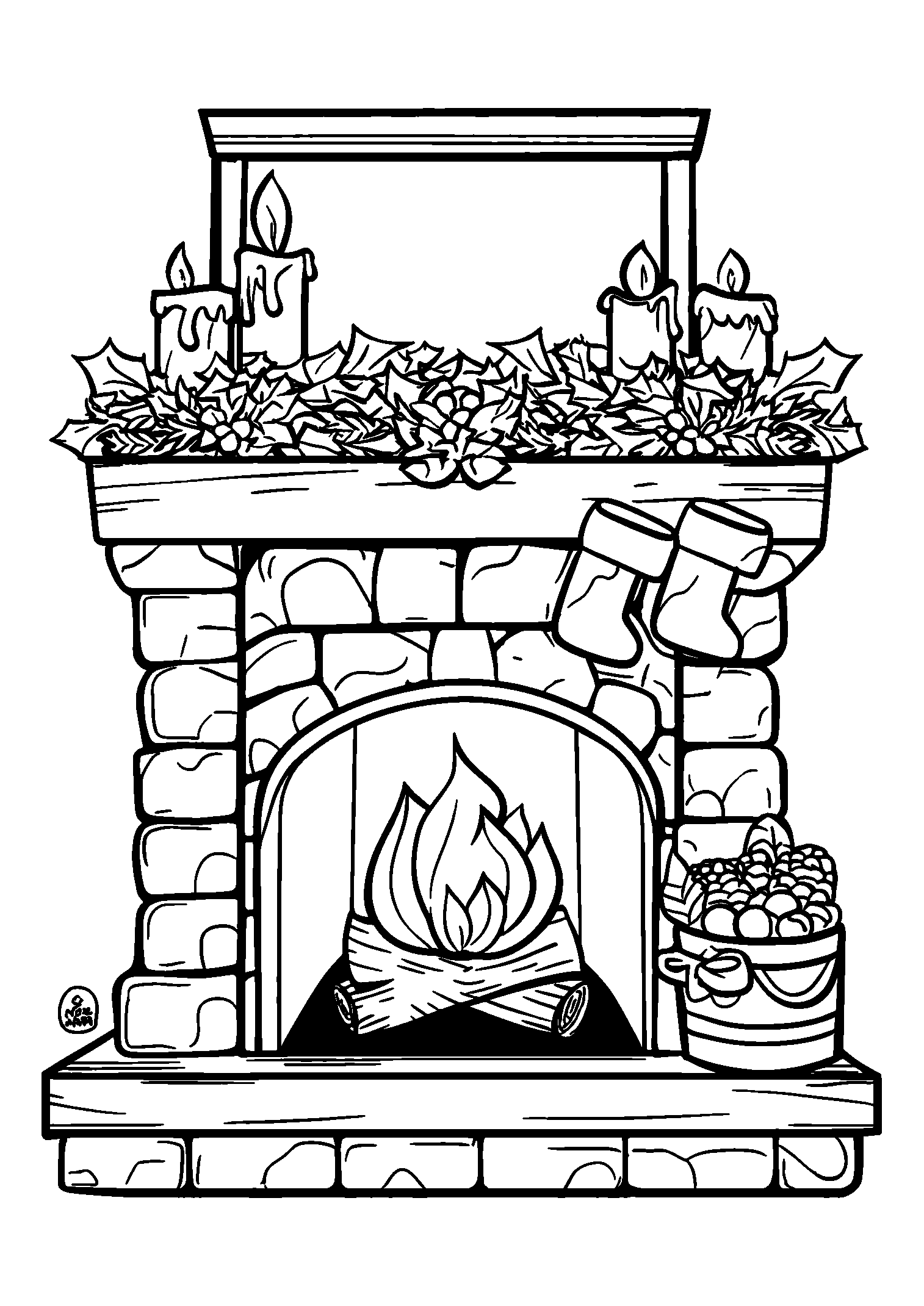 Close-up of a Cozy Fireplace Decorated For Thanksgiving coloring page
