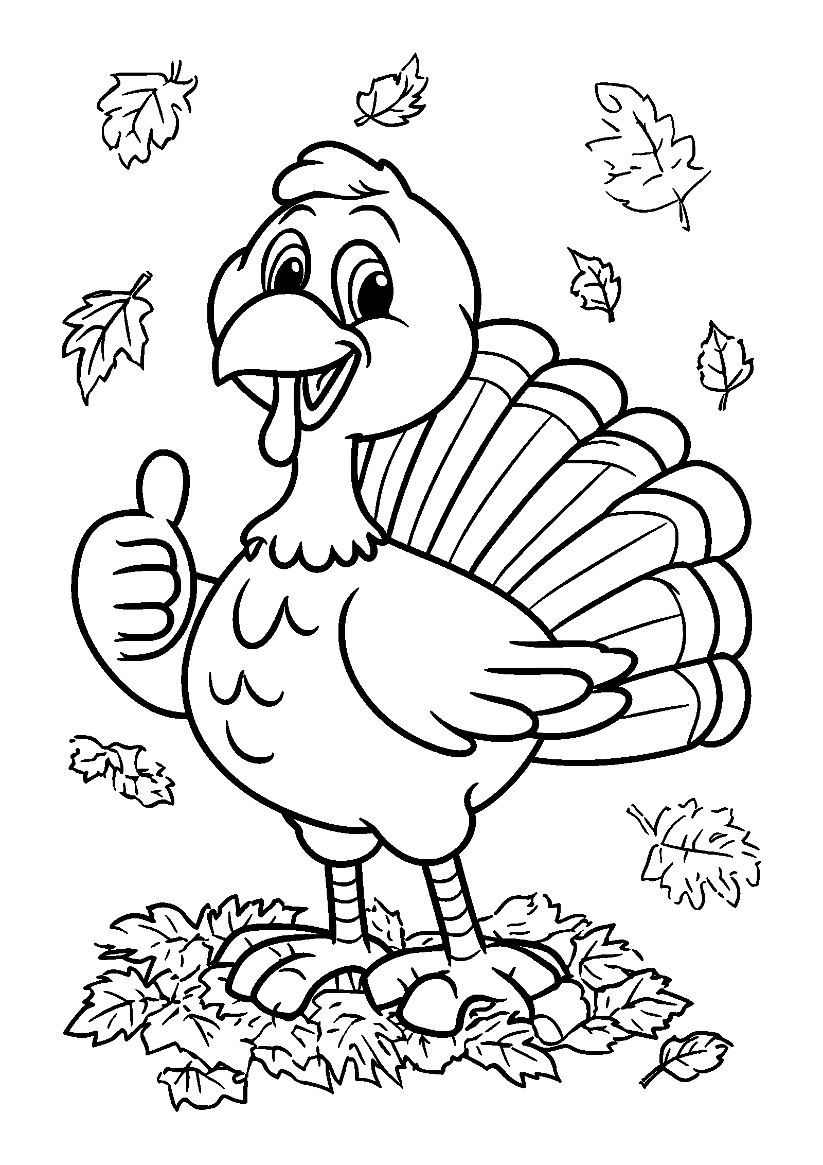 Full-body Turkey Giving a Thumbs-up Amidst Scattered Leaves coloring page