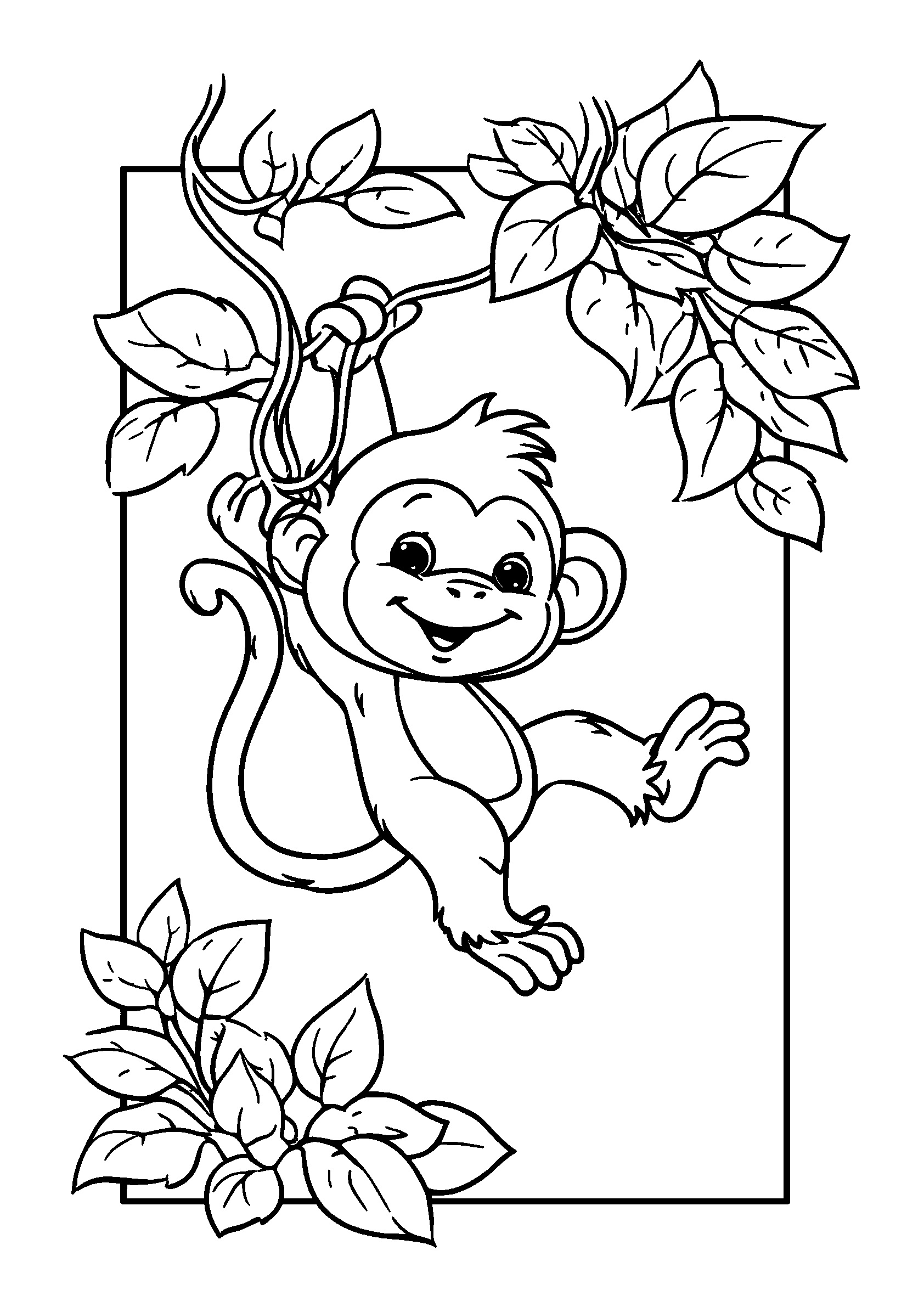 Playful Baby Monkey Swinging from Vines coloring page