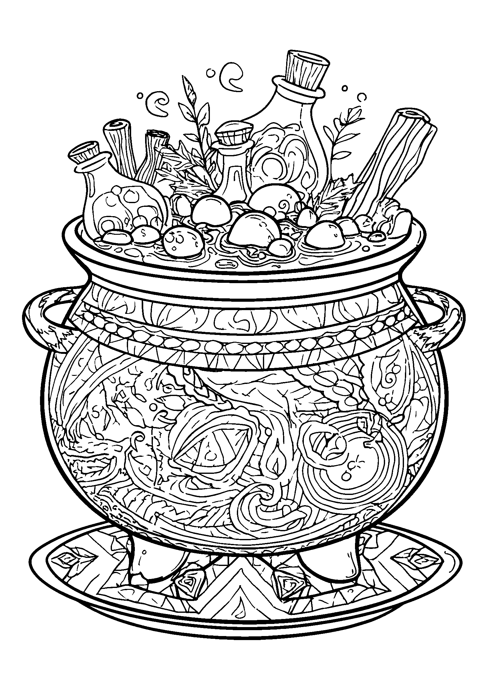 Bubbling Cauldron with Various Potion Ingredients coloring page