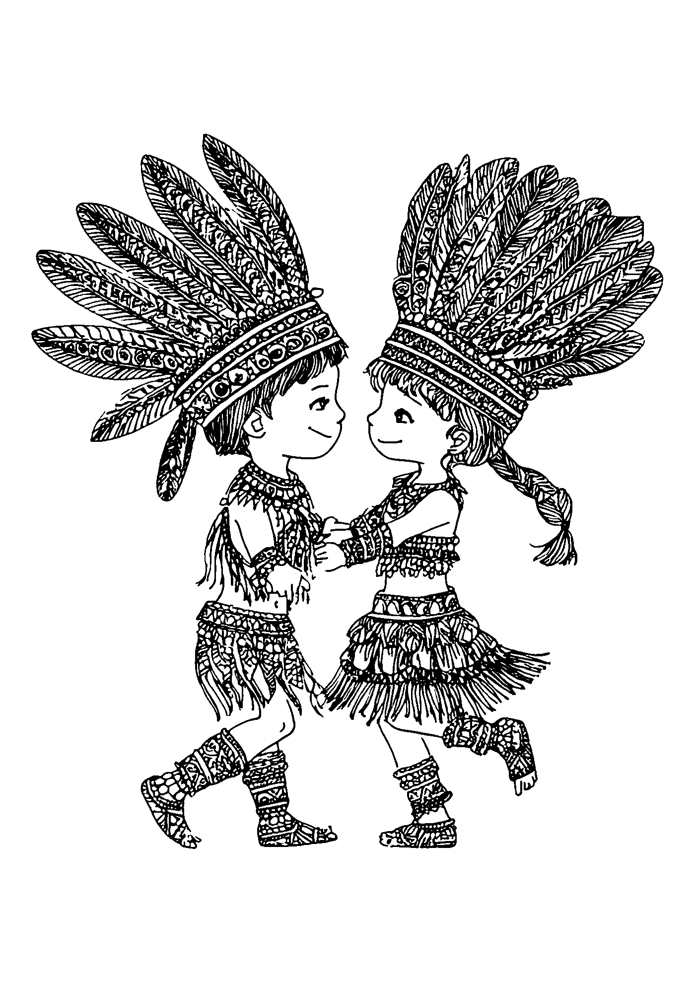 Kids Wearing Feather Headbands While Dancing coloring page
