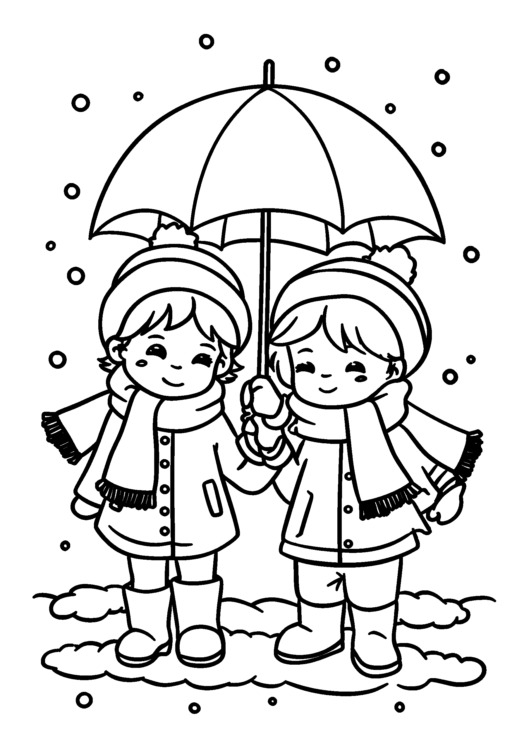 Kids Wearing Scarves Playing in the Rain coloring page
