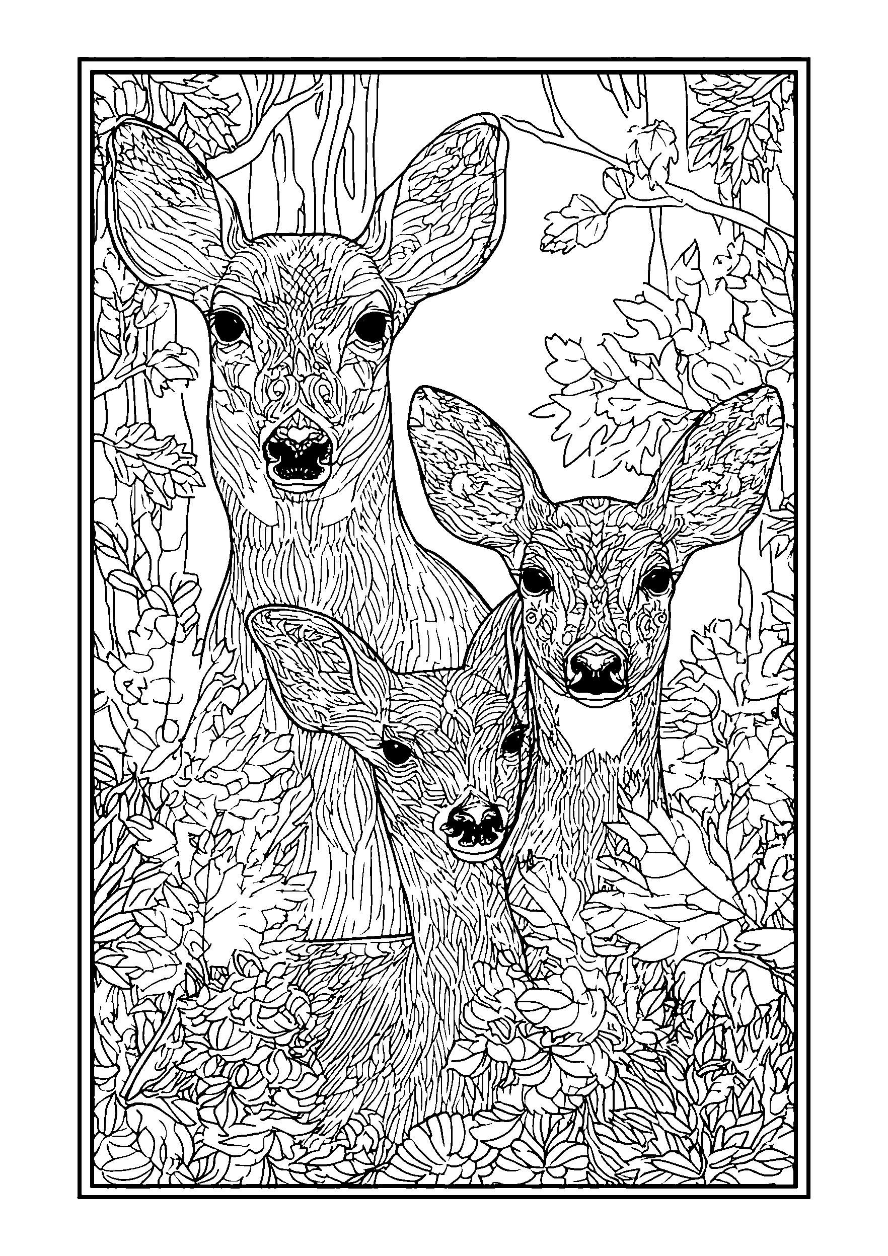 Family of Deer Peeking Through a Colorful Autumn Forest coloring page