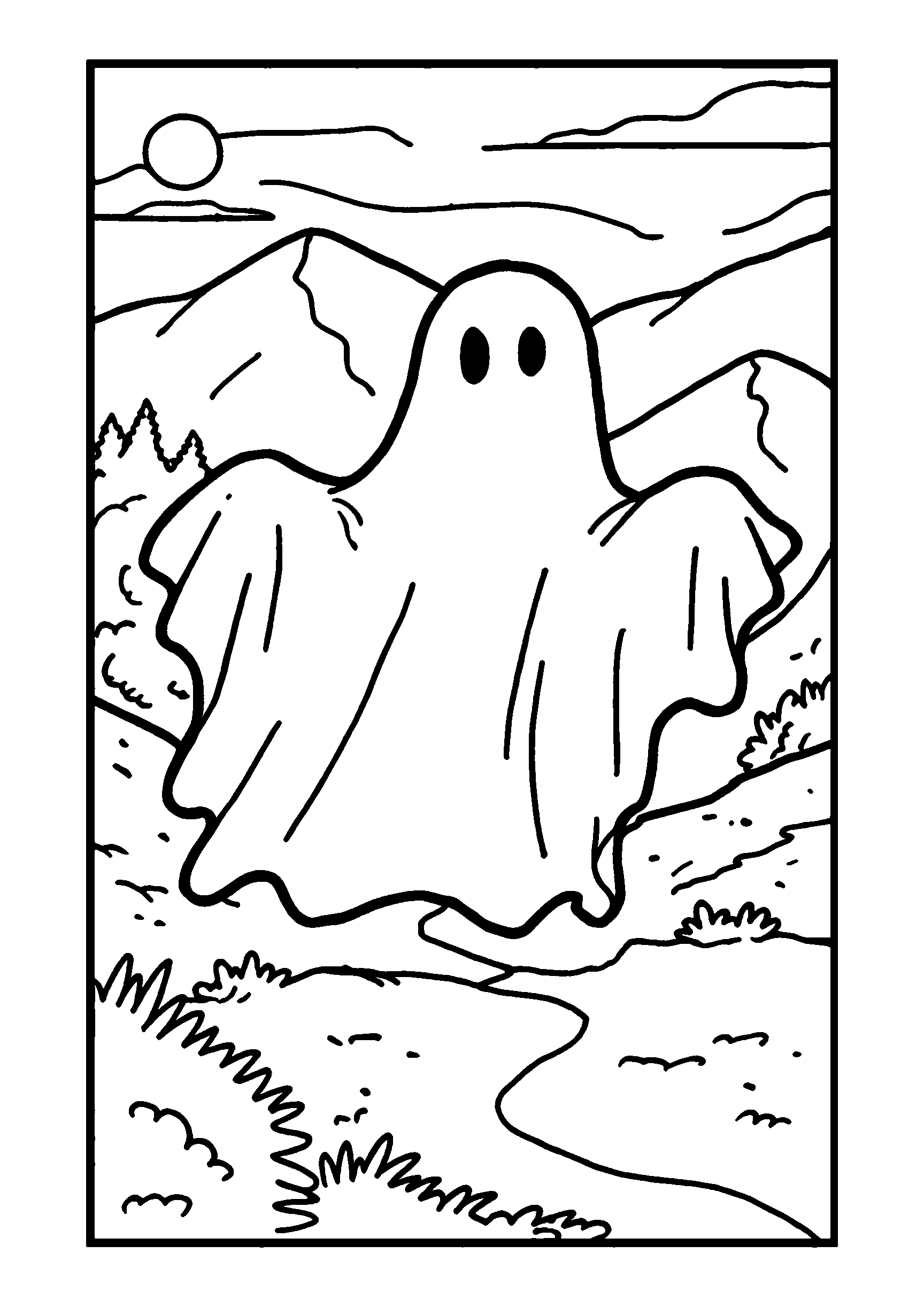 Ghostly Figure Gliding Through a Misty Landscape coloring page