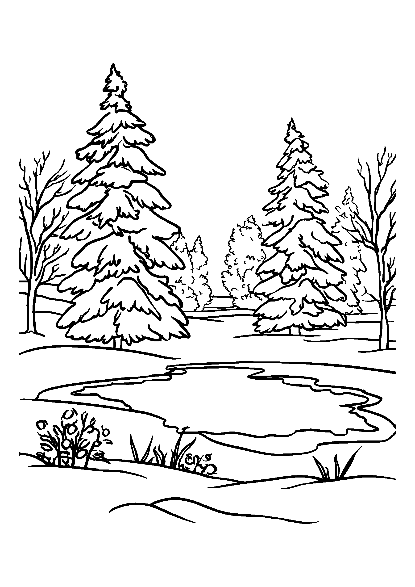 Winter Landscape with a Frozen Pond and Evergreen Trees coloring page