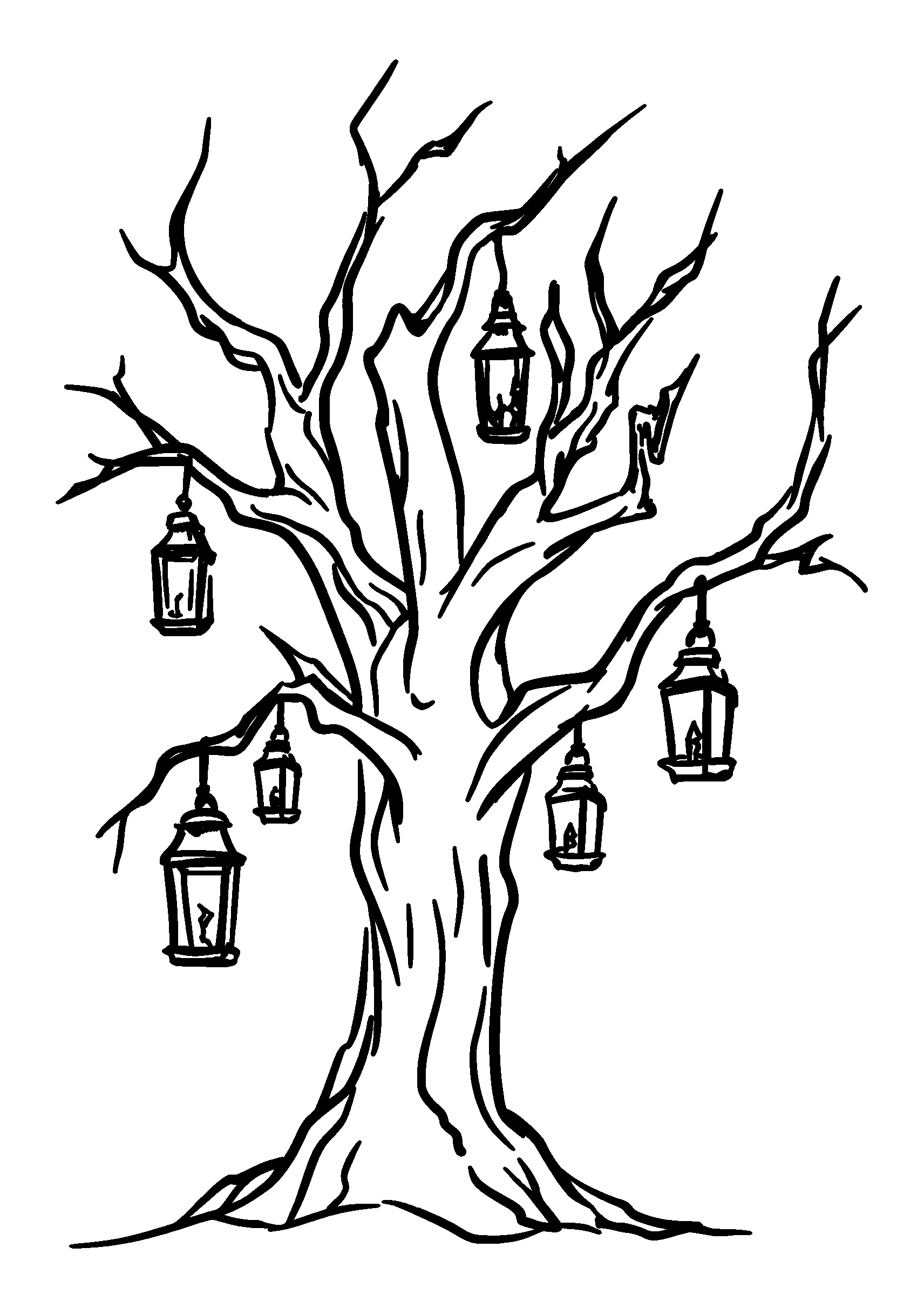 Creepy Tree Illuminated by Flickering Lanterns coloring page
