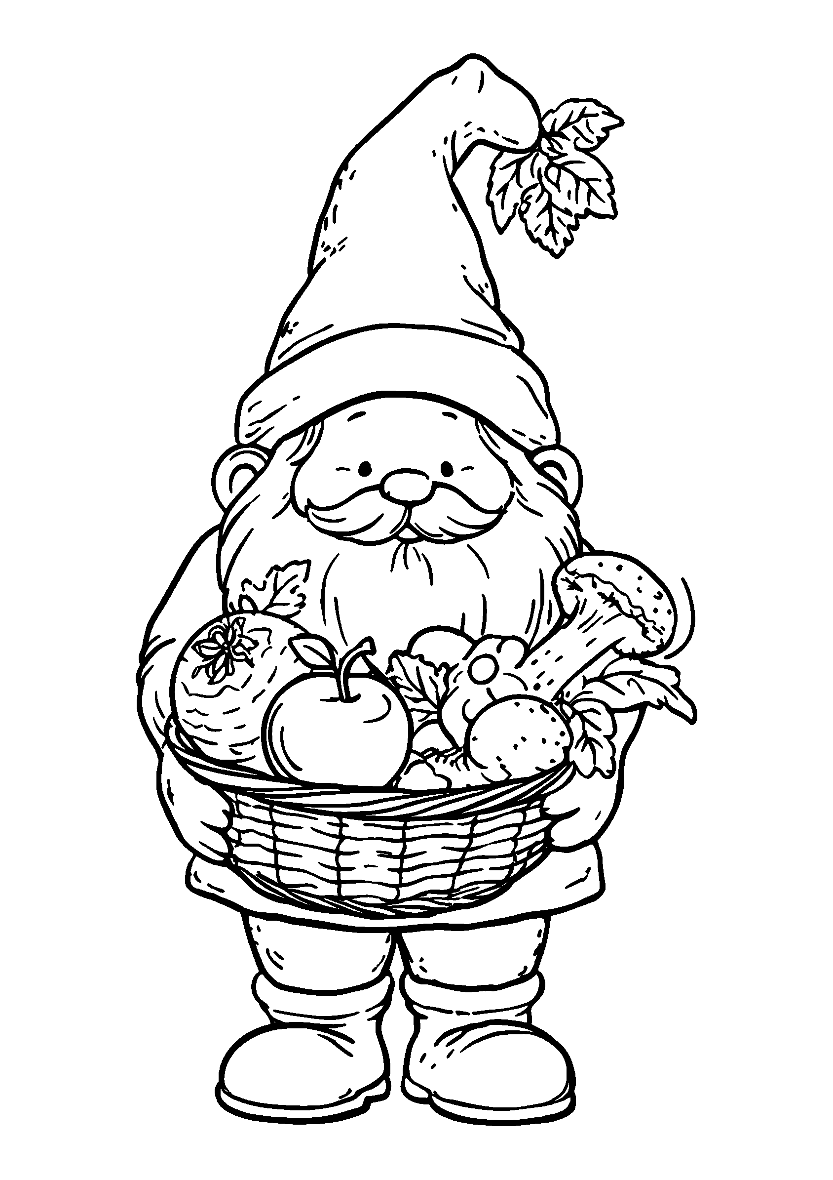 Whimsical Gnome Holding a Basket of Fall Fruits coloring page