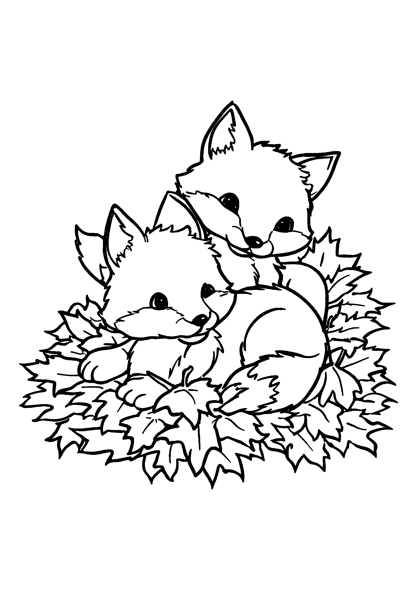 Fox Cubs Playing in a Pile of Leaves coloring page