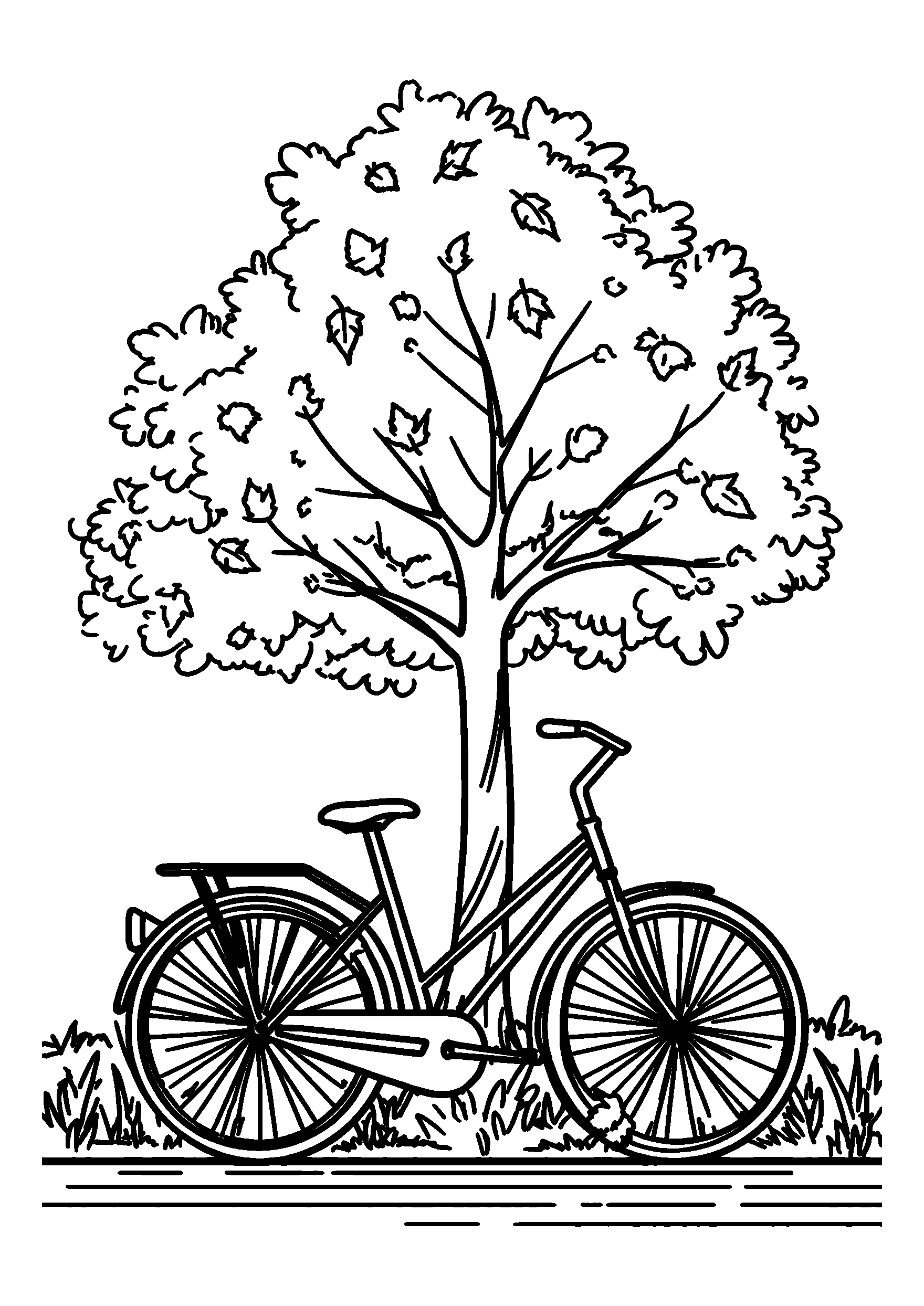 Bicycle Parked Against a Tree in Fall Colors coloring page