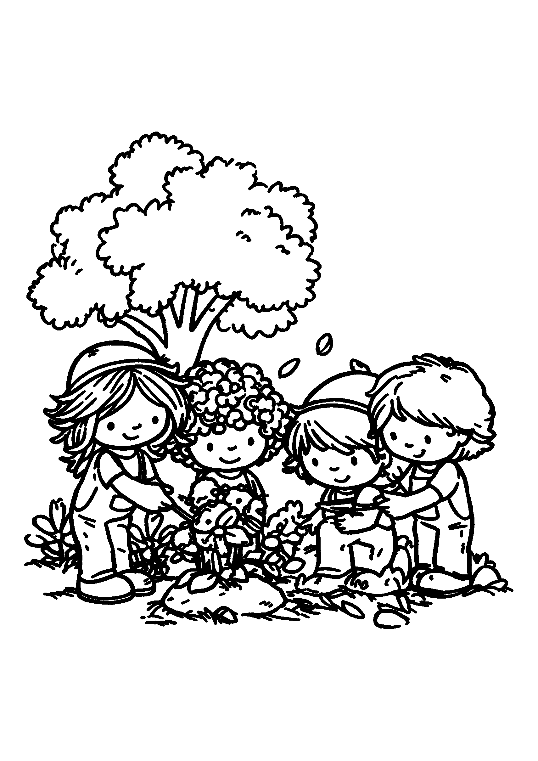 Group of Children Building a Scarecrow in a Meadow coloring page