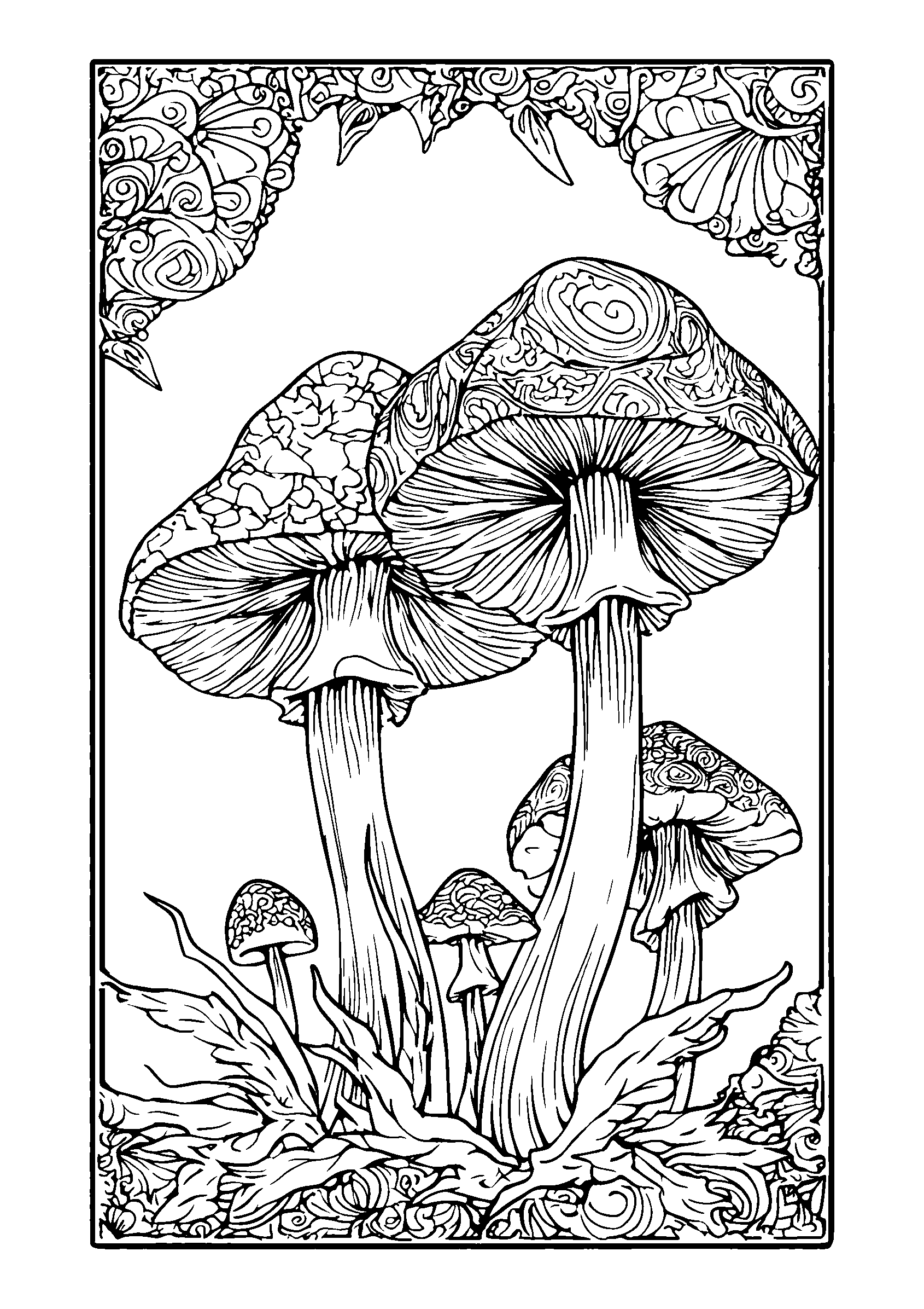 Mischievous Elves Hiding Behind Colorful Mushrooms coloring page