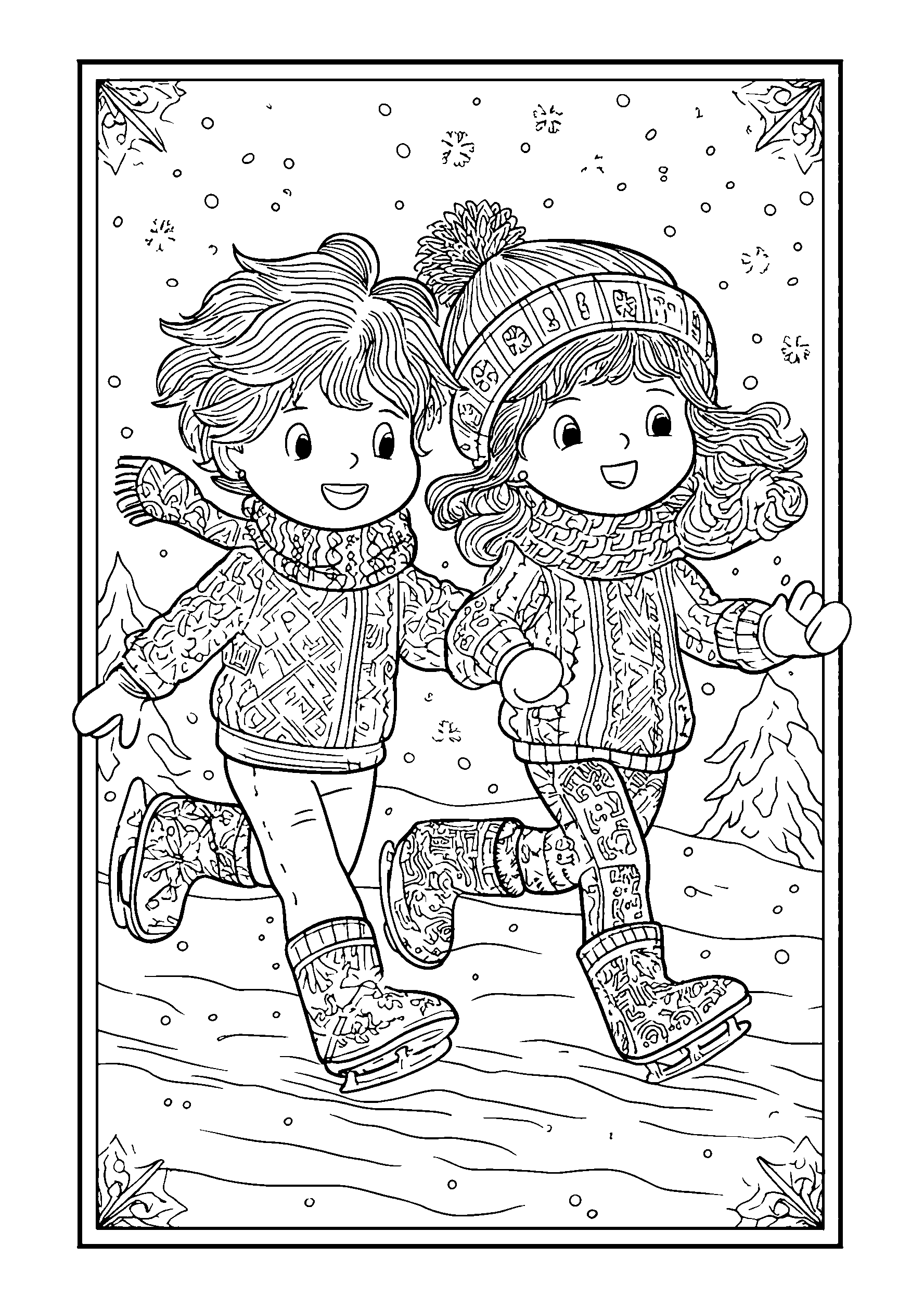 Joyful Children Ice Skating on a Frozen Lake coloring page