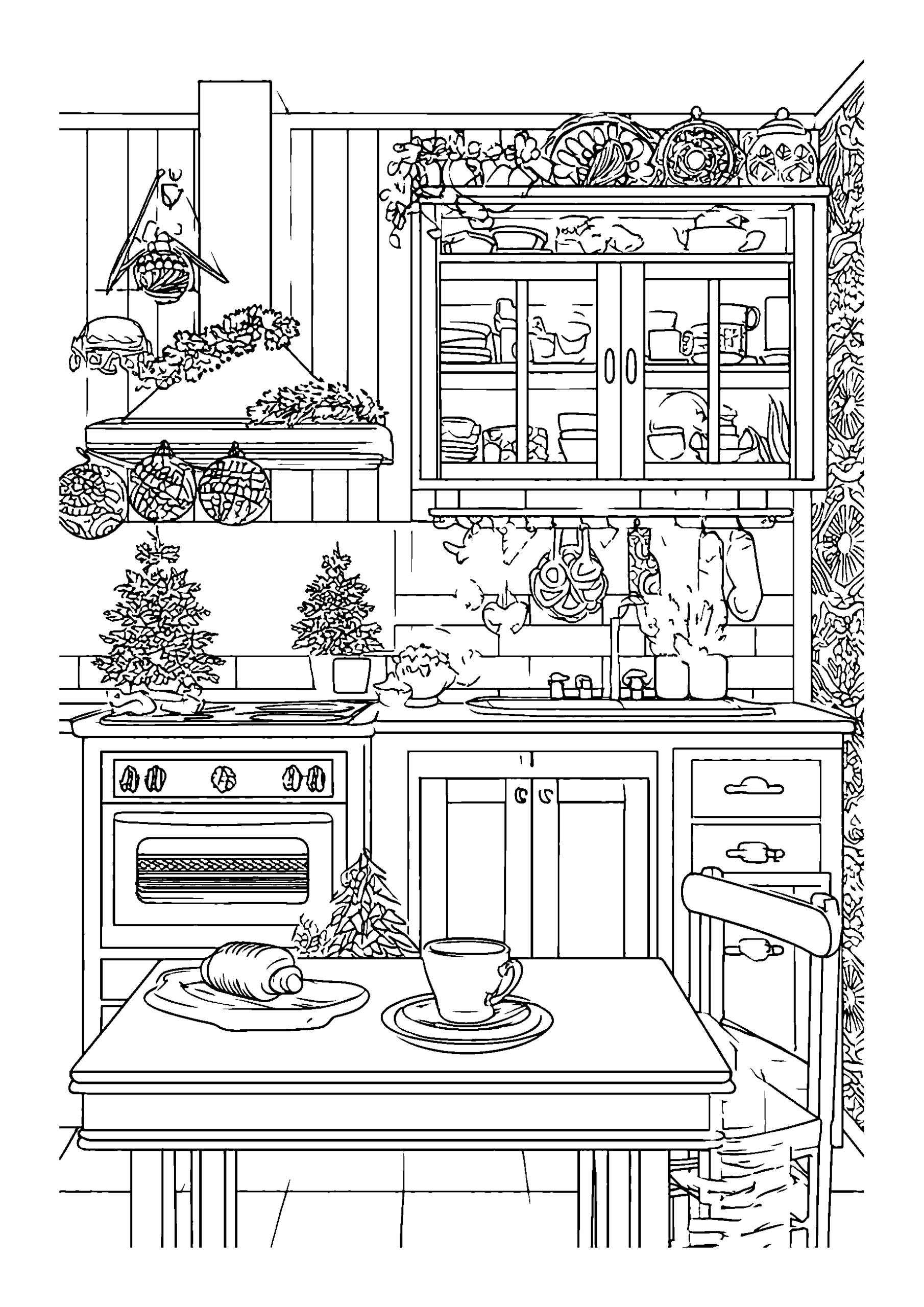 Cozy Kitchen Atmosphere Filled with Festive Decorations coloring page