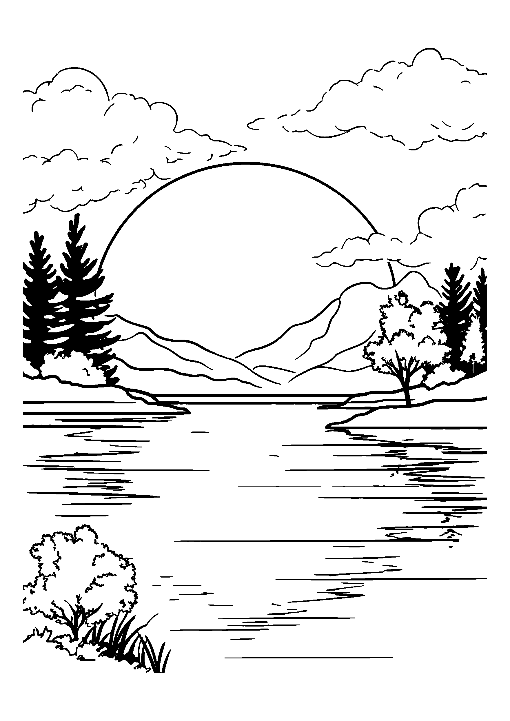 Sunset over a Lake with Reflections of Trees coloring page