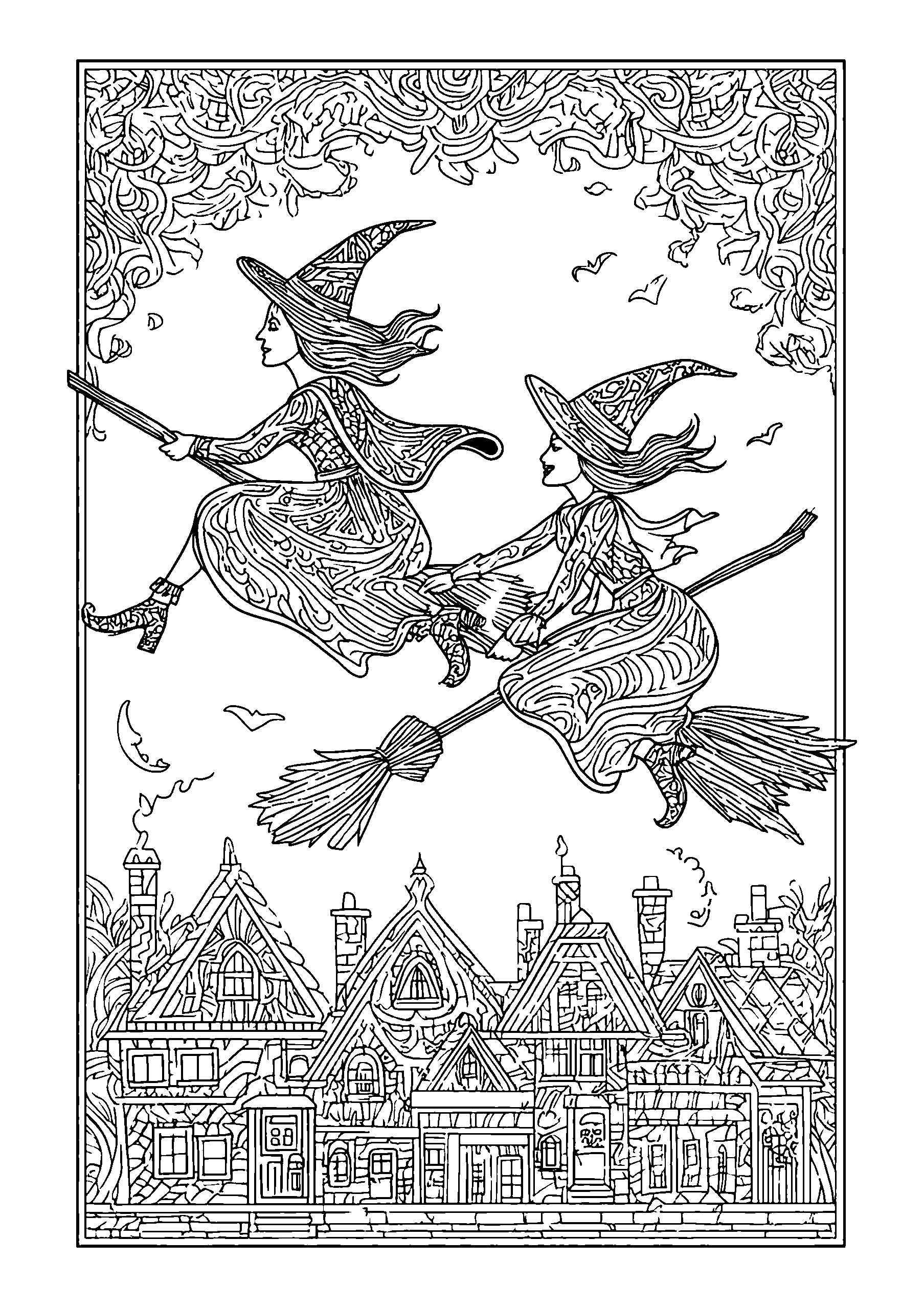 Witches Flying on Broomsticks over the Houses coloring page