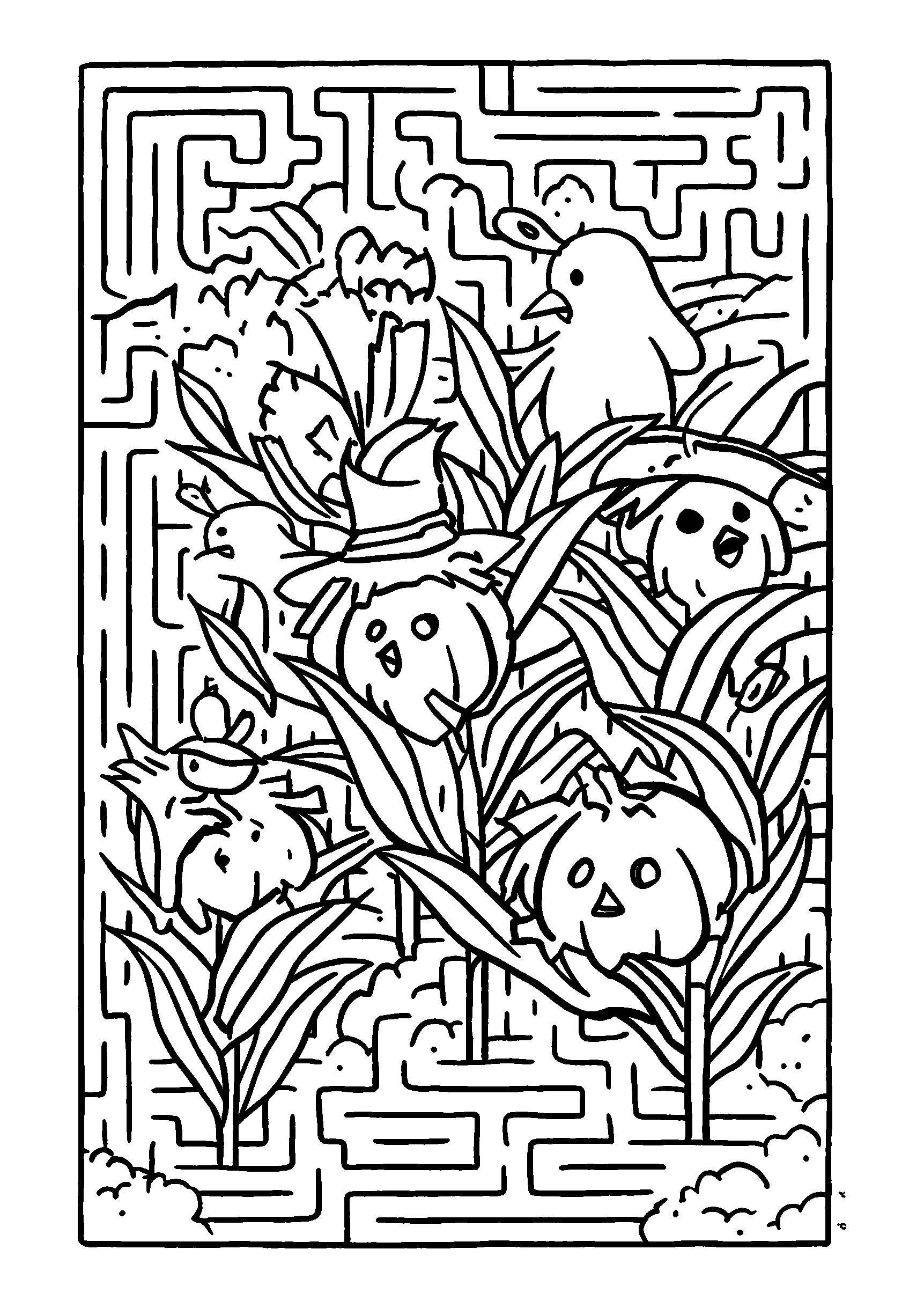 Close-up of a Corn Maze with Colorful Scarecrows coloring page
