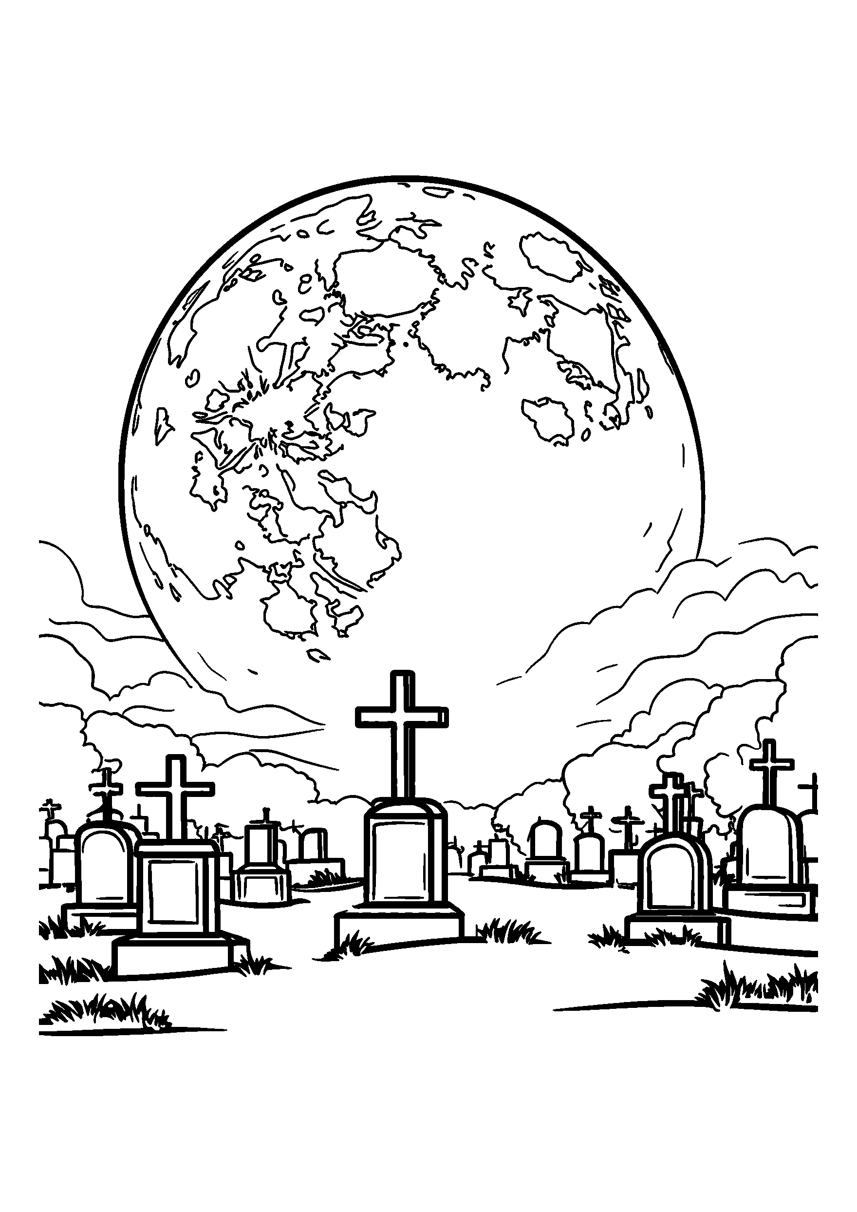 Full Moon Shining Down on a Quiet Graveyard coloring page