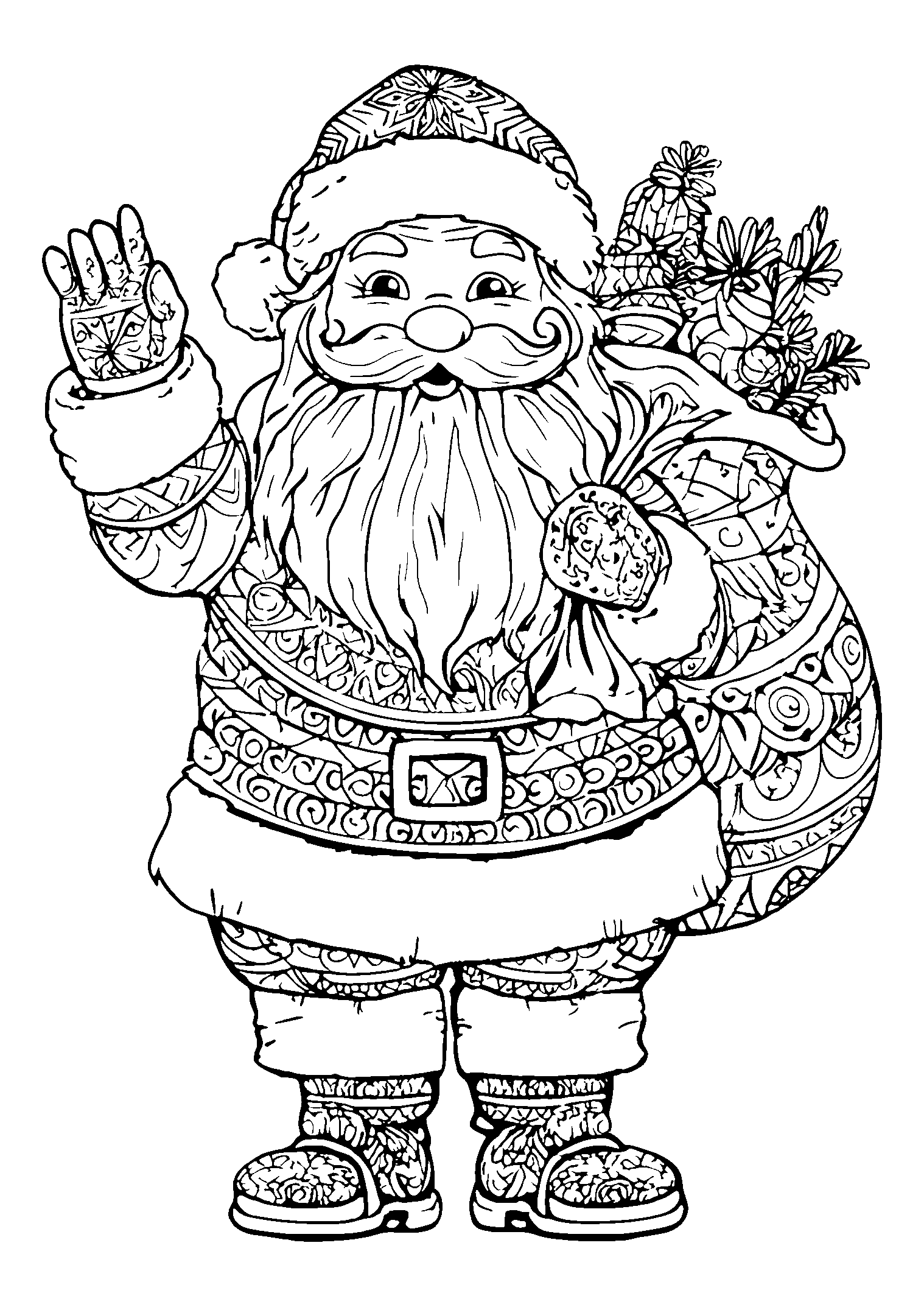 Jolly Santa Claus Waving with a Sack of Toys coloring page