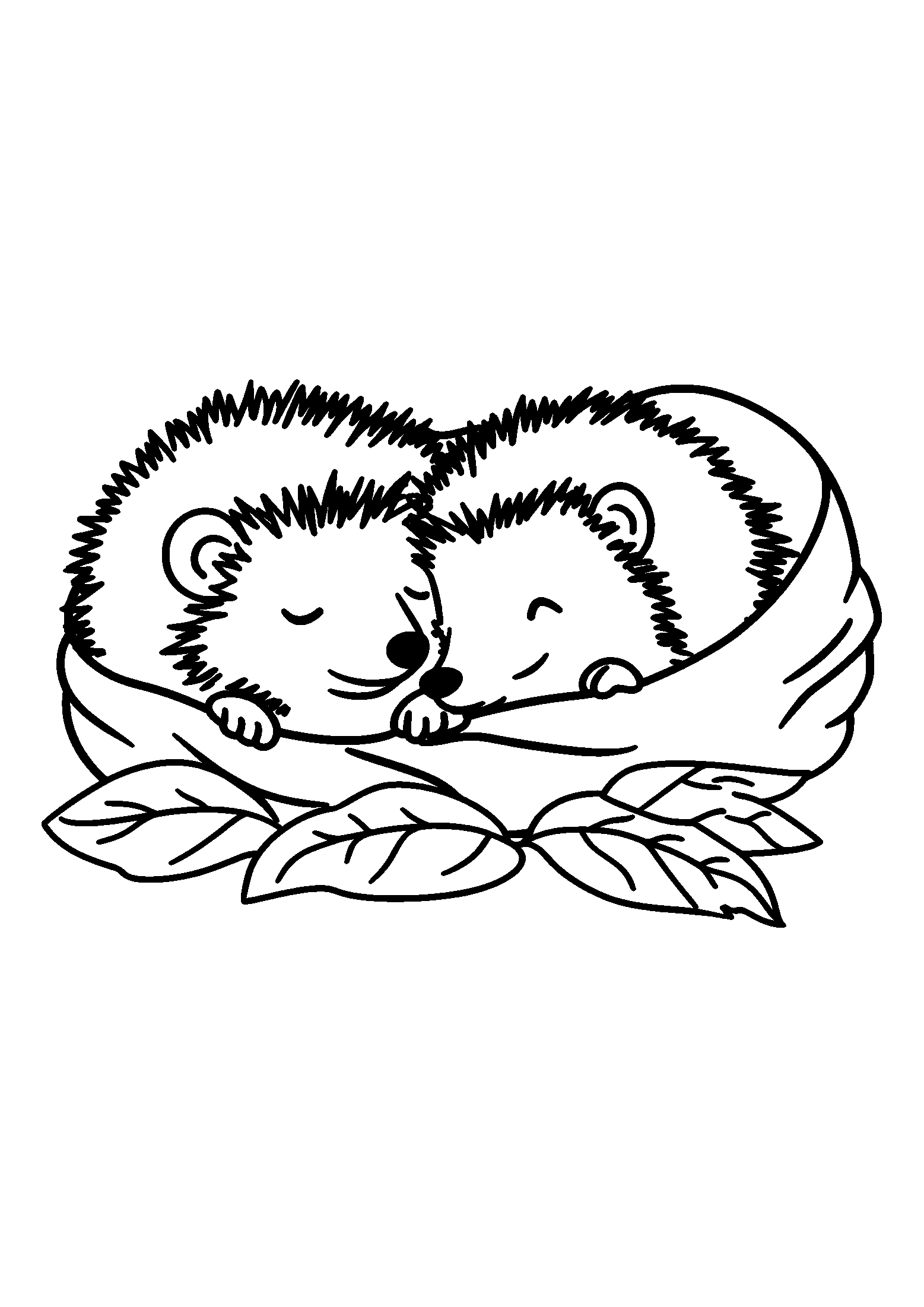 Hedgehogs Sharing a Leaf Blanket in the Woods coloring page