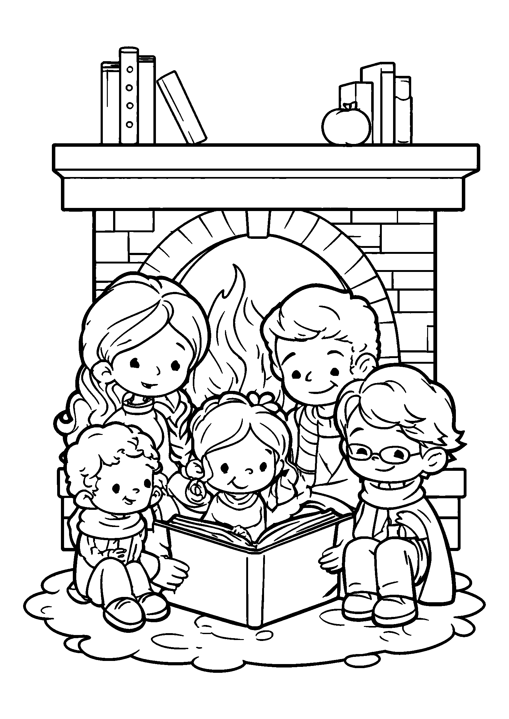 Family Gathered Around a Fireplace Reading a Story coloring page