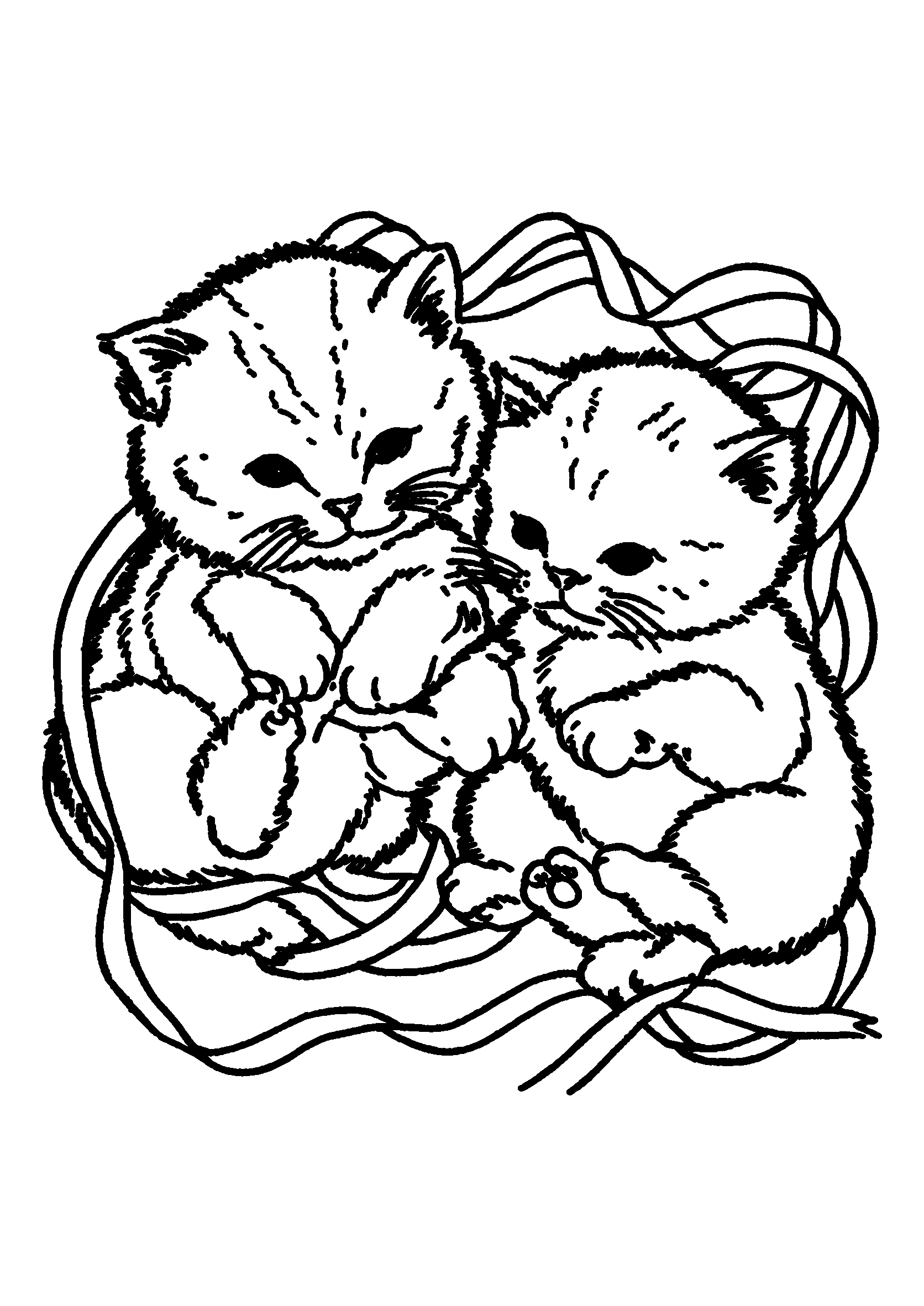 Kittens Tangled in Colorful Ribbons coloring page