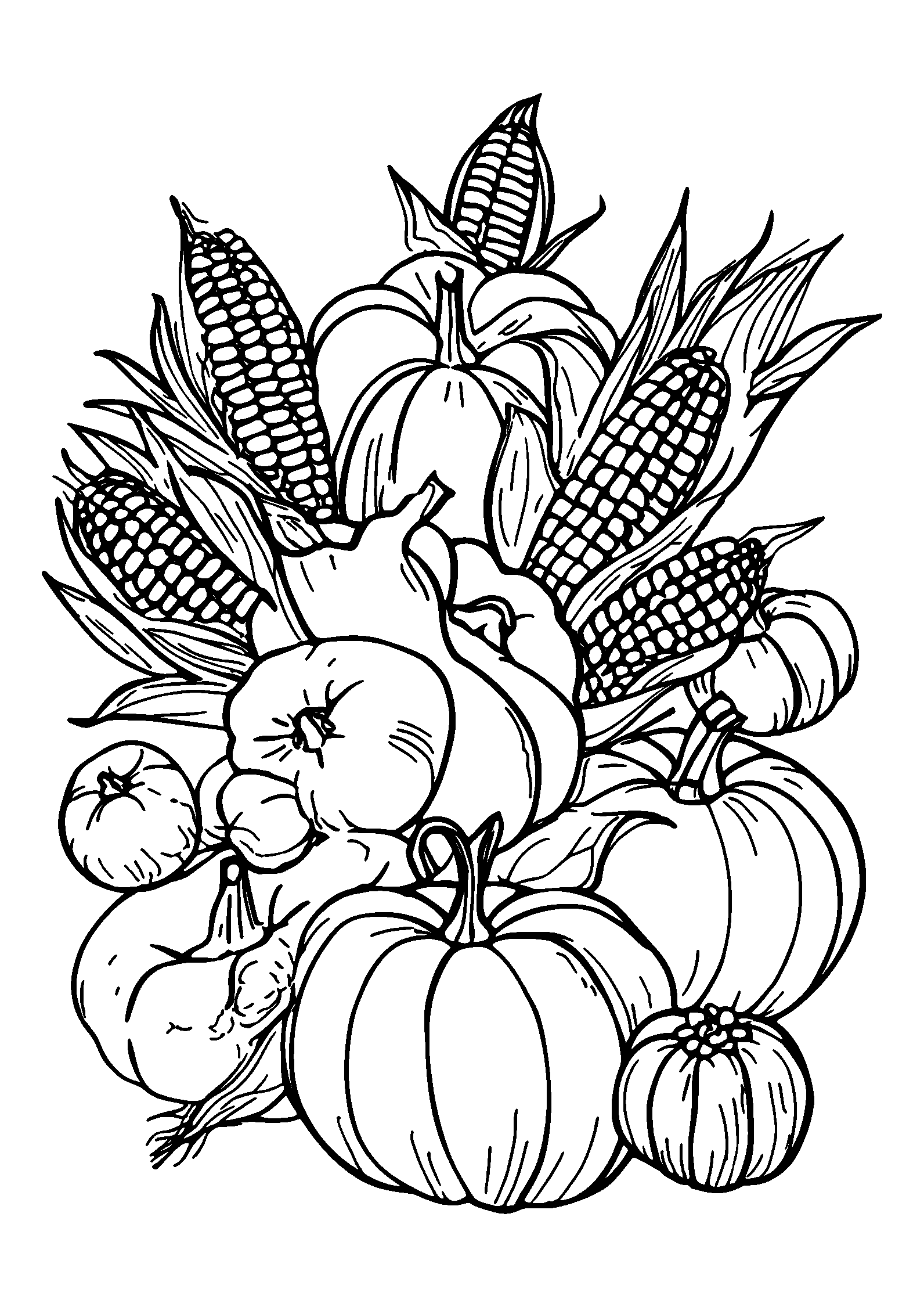 Artistic Arrangement of Seasonal Gourds and Corn coloring page