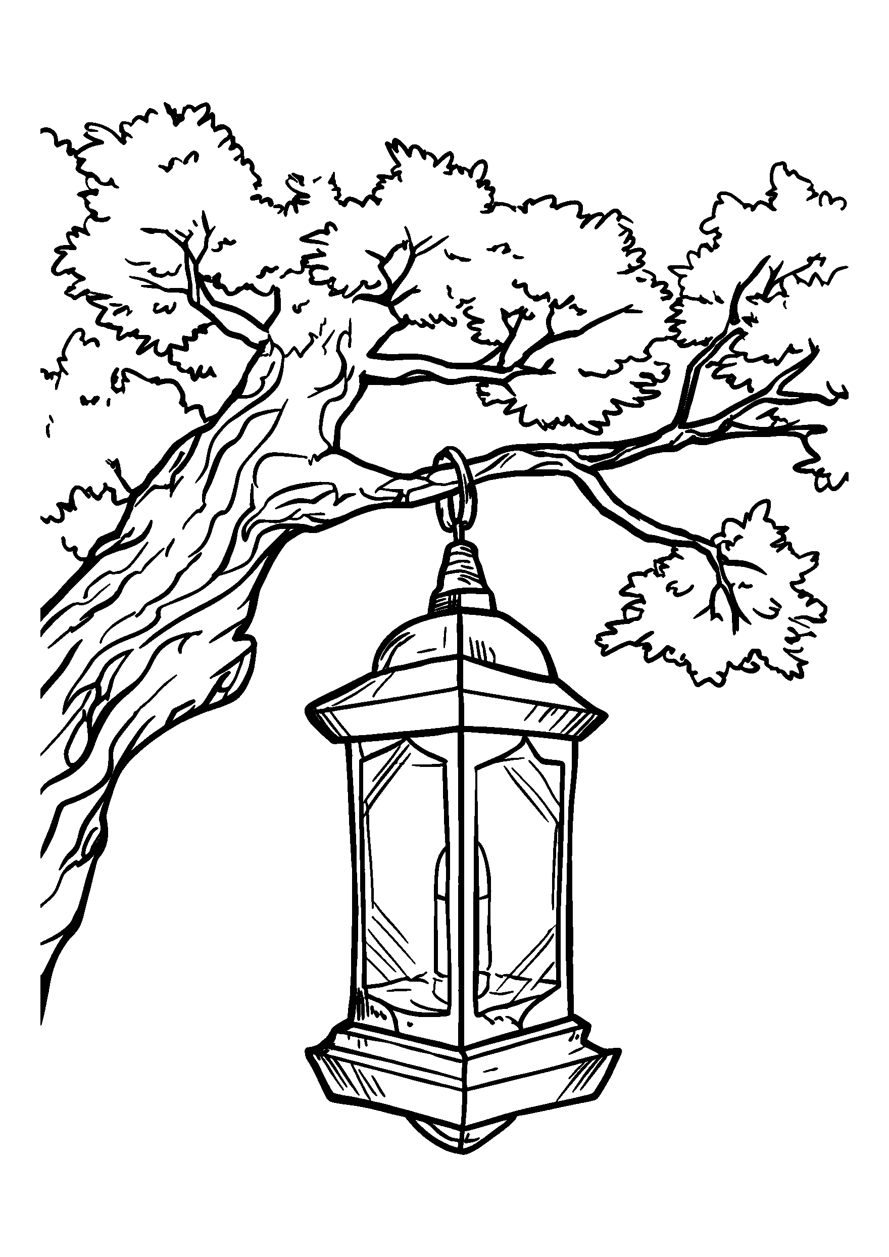 Glowing Lantern Hanging from a Tree Branch coloring page