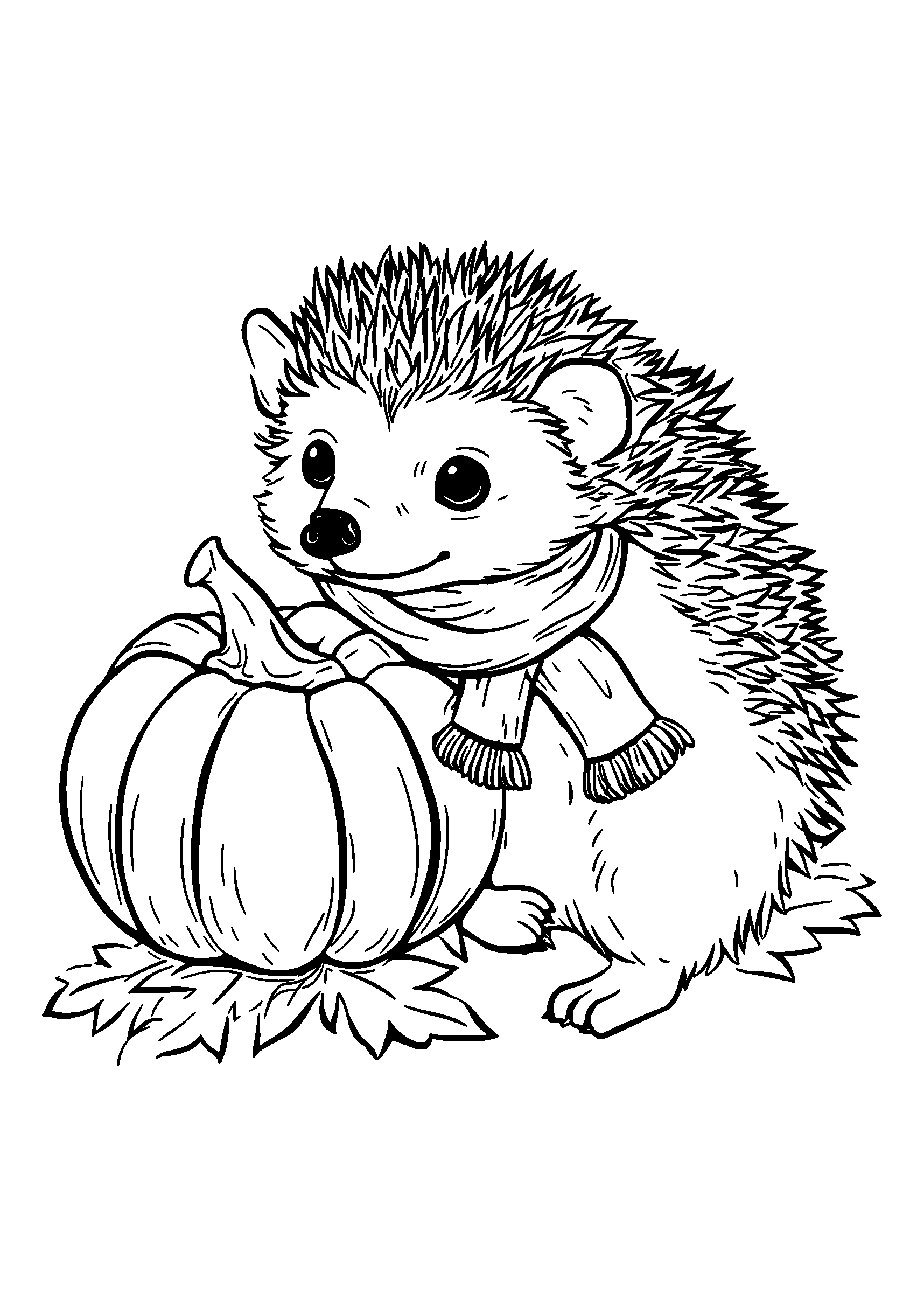 Hedgehog Wearing a Tiny Scarf Resting Near a Pumpkin coloring page