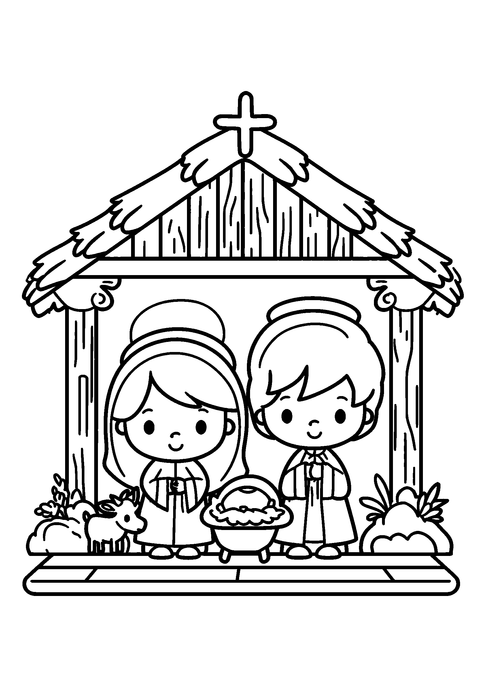 Delightful Nativity Scene Set in a Rustic Stable coloring page